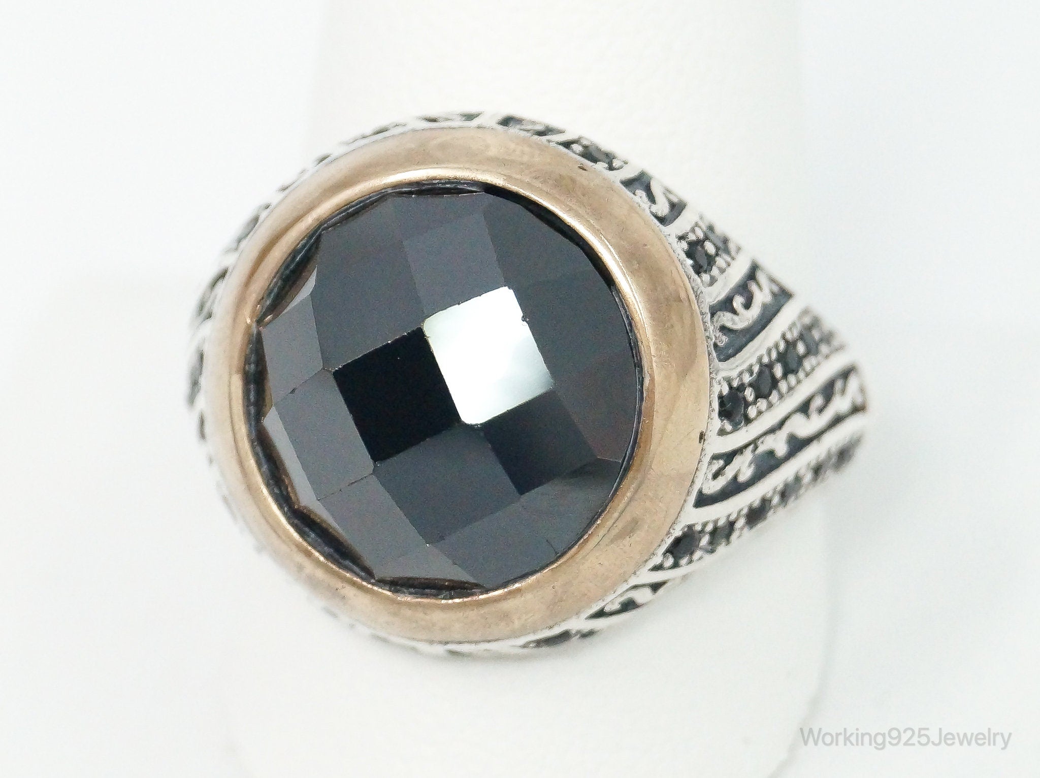 Vintage Black Onyx Brass Sterling Silver Ring - Size 11.75