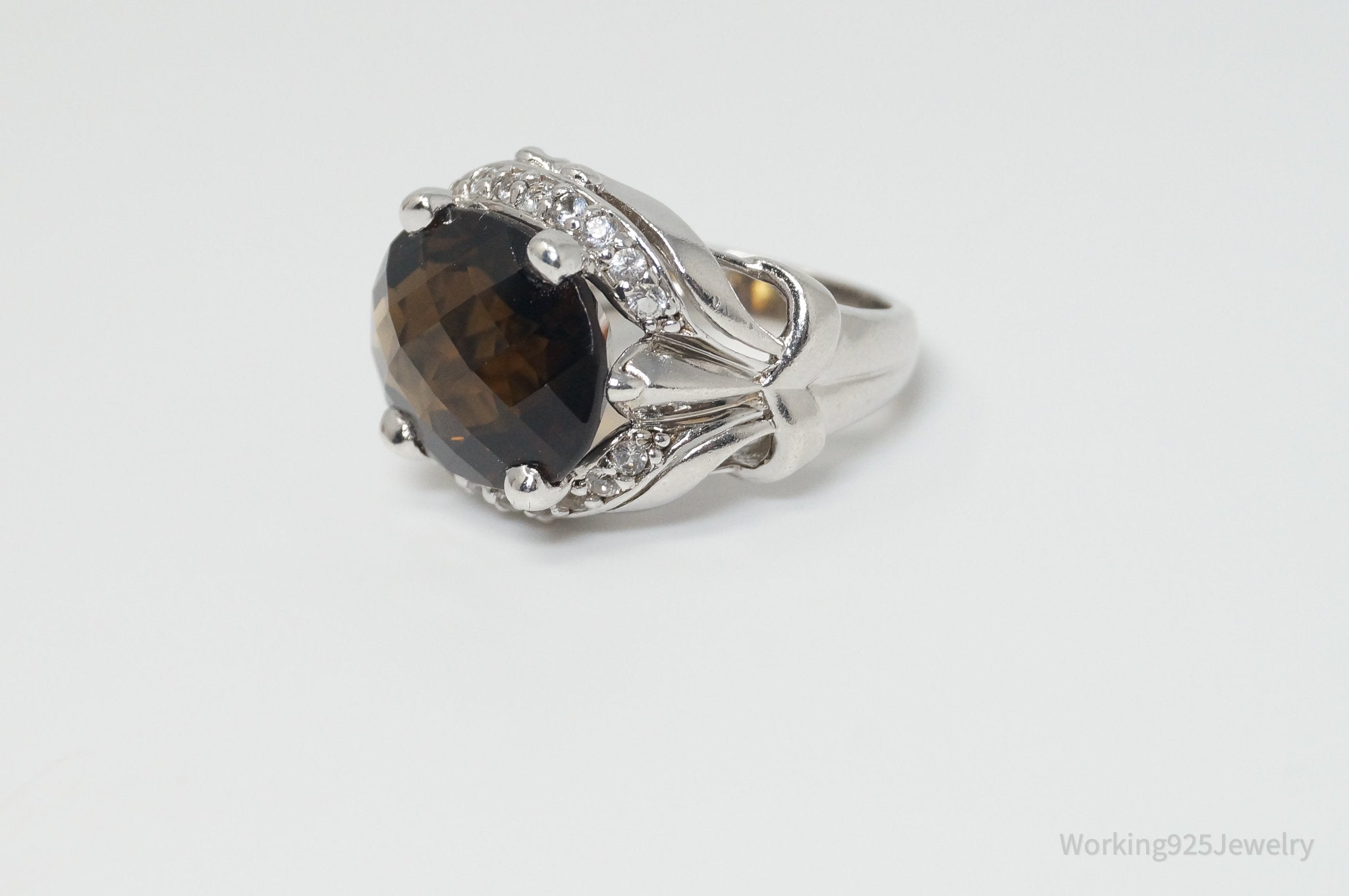 Vintage Designer Smoky Topaz CZ Sterling Silver Ring - Sz 6.75