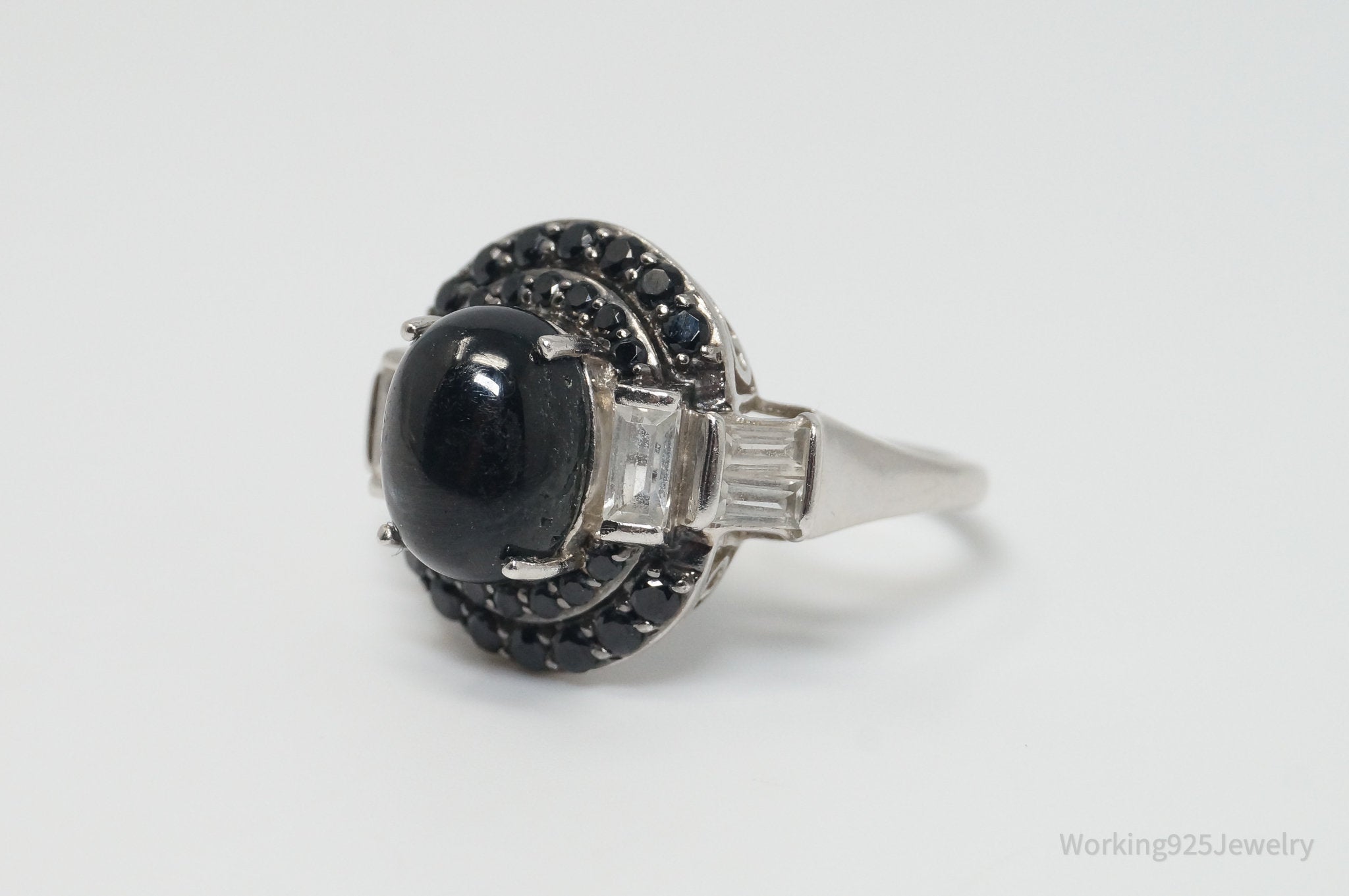 Vintage Black Gemstone Sapphire CZ Sterling Silver Ring - Sz 10