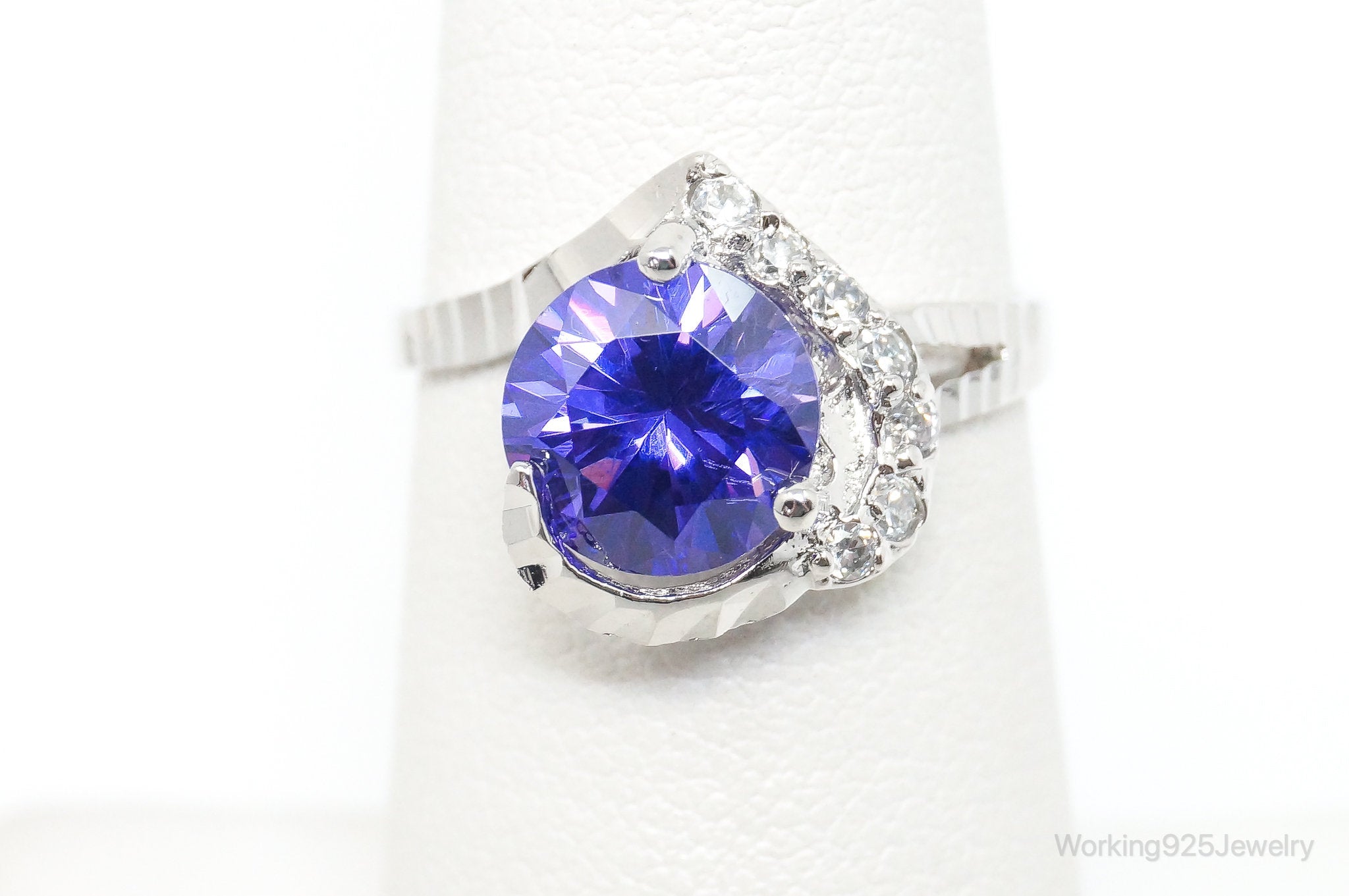 Vintage Blue Purple Cubic Zirconia Sterling Silver Ring - Sz 5.5