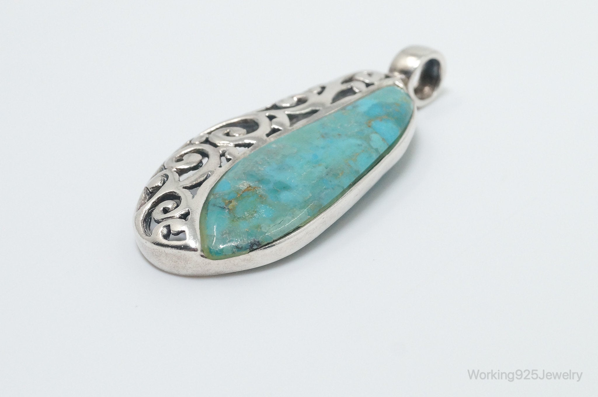 Large Vintage Turquoise Scroll Sterling Silver Southwestern Pendant