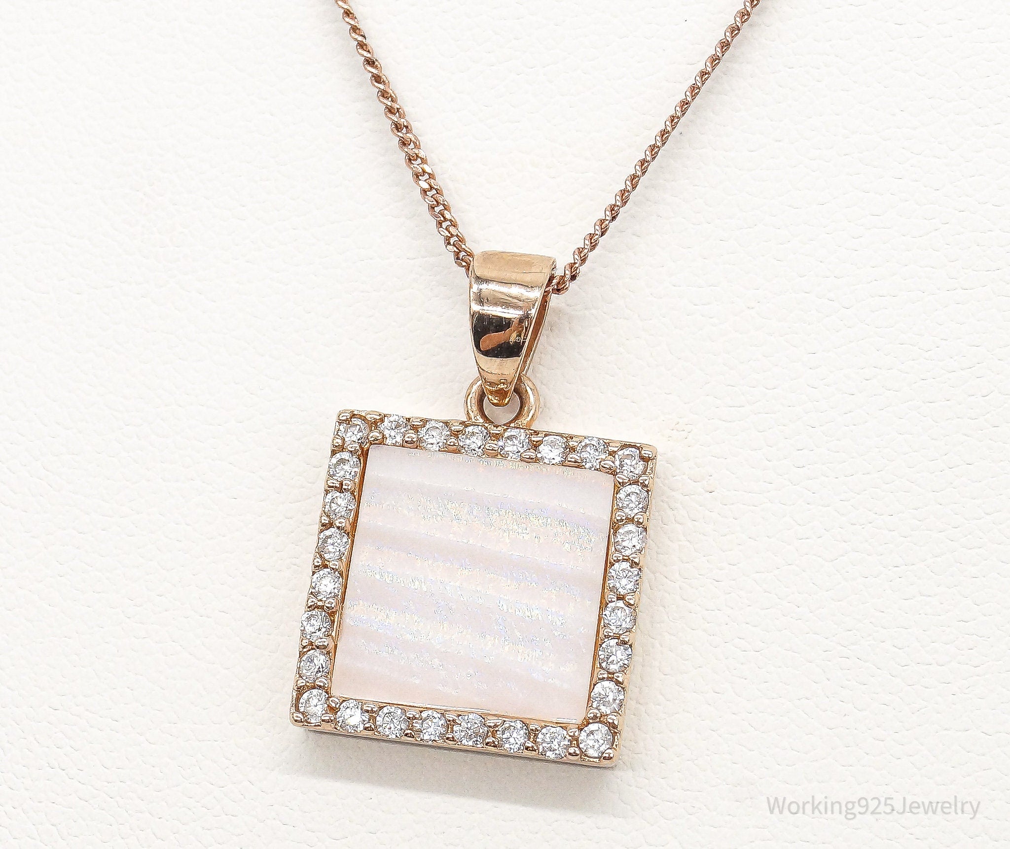 Pink Mother Of Pearl Cubic Zirconia Rose Gold Vermeil Sterling Silver Necklace