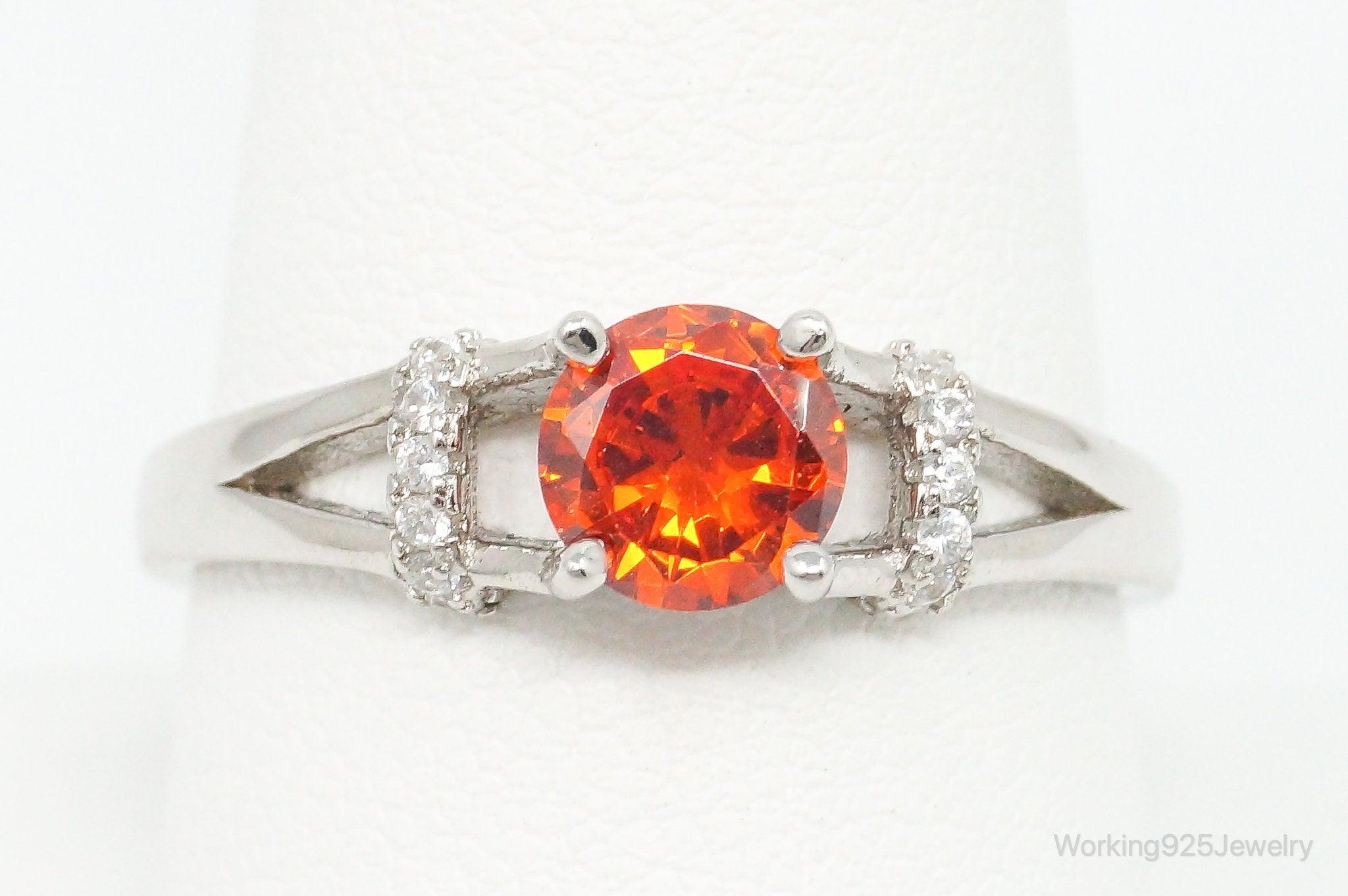 Orange & White Cubic Zirconia Sterling Silver Ring - Size 9.5