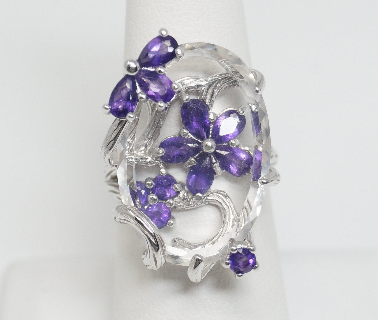 Vintage Designer Ross Simons Amethyst Crystal Sterling Silver Vine Ring - Sz 7