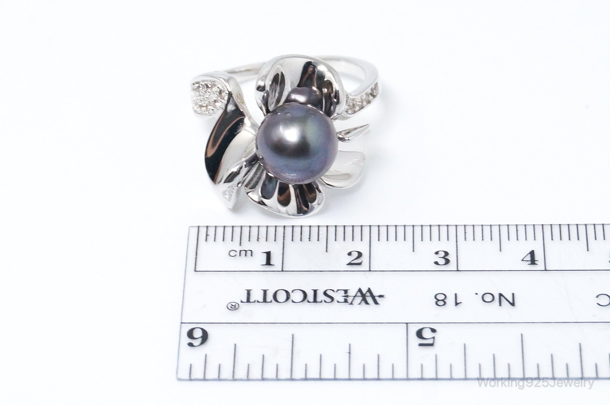 Orders Designer Tahitian Pearl Cubic Zirconia Sterling Silver Ring SZ 9.5 Adjustable