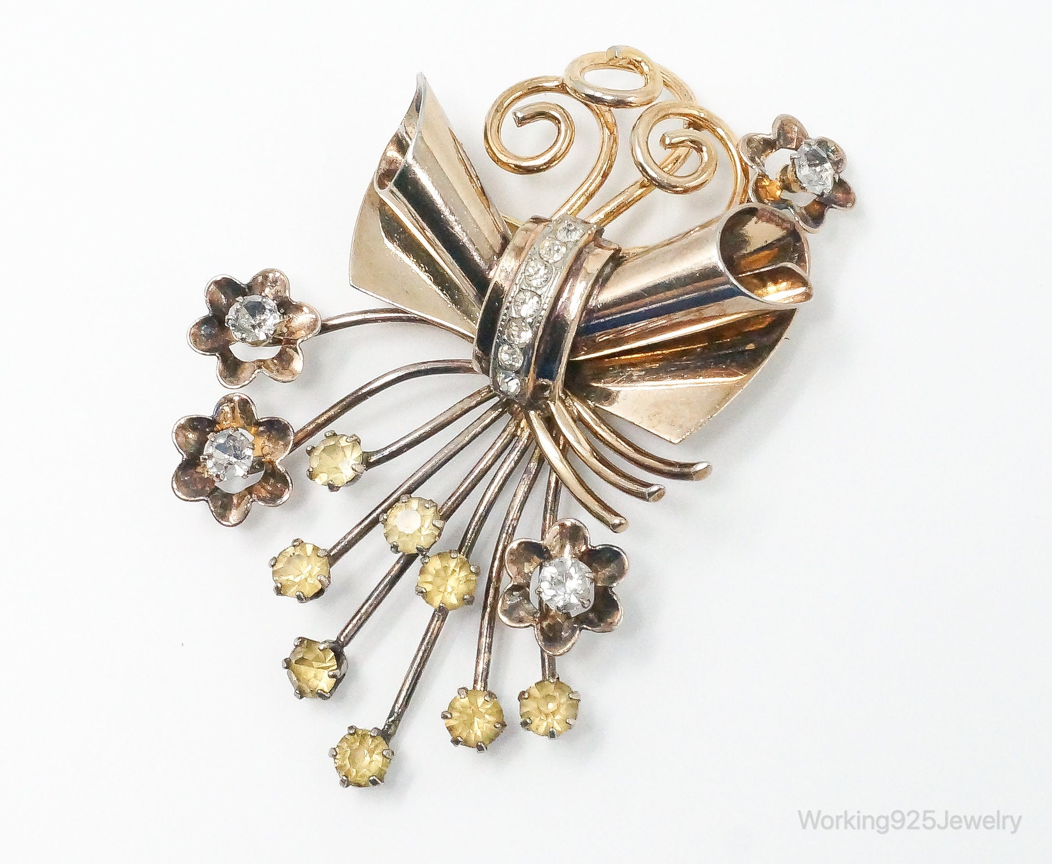 Large Antique Rhinestone Gold Tone Sterling Silver Brooch Pin