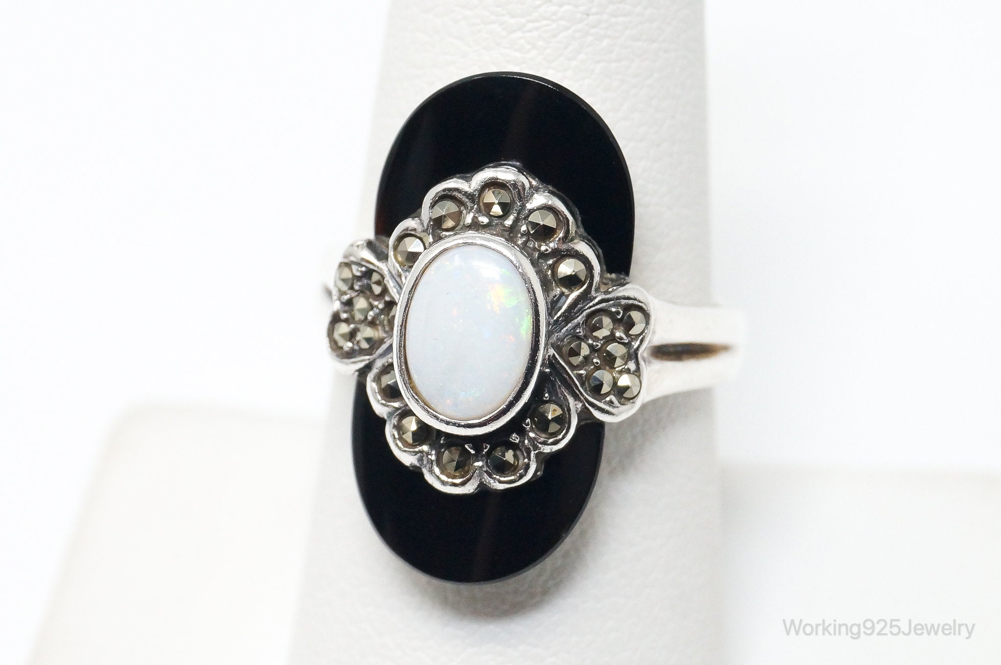 Designer Chapal-Zenray Opal Black Onyx Marcasite Sterling Silver Ring SZ 8