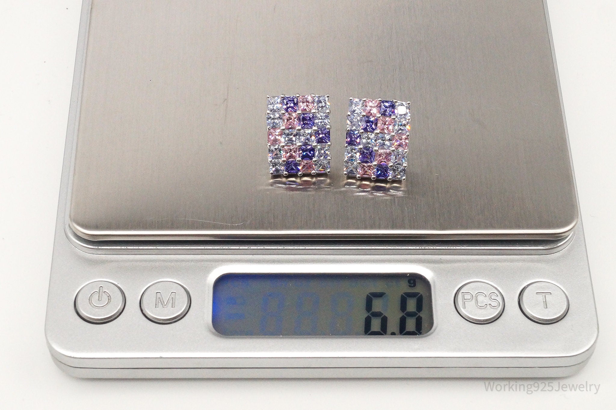 Vintage Designer White Pink & Purple Cubic Zirconia Sterling Silver Earrings