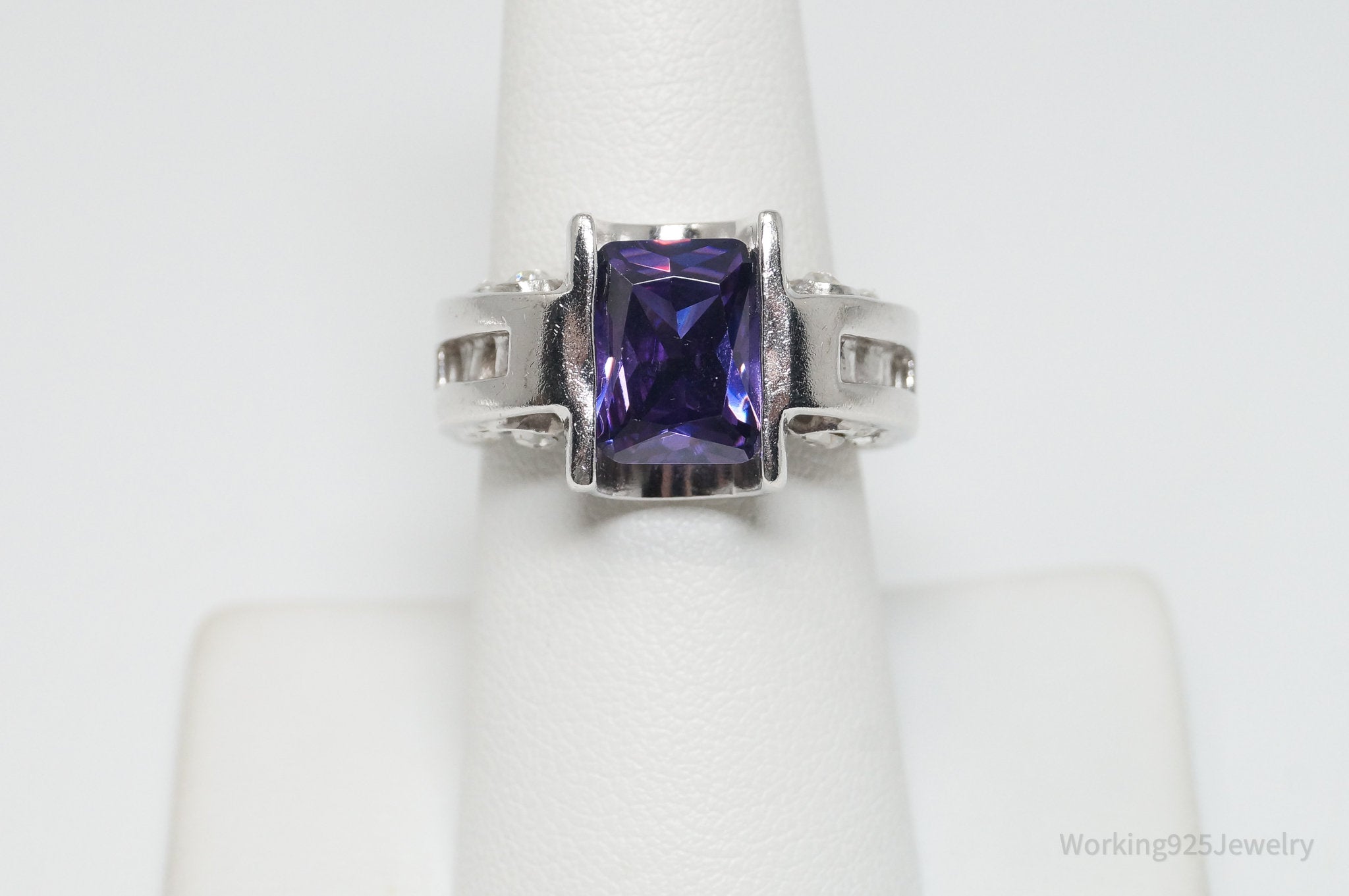 Vintage Art Deco Style Amethyst CZ Statement Ring Sterling Silver - Sz 9.25