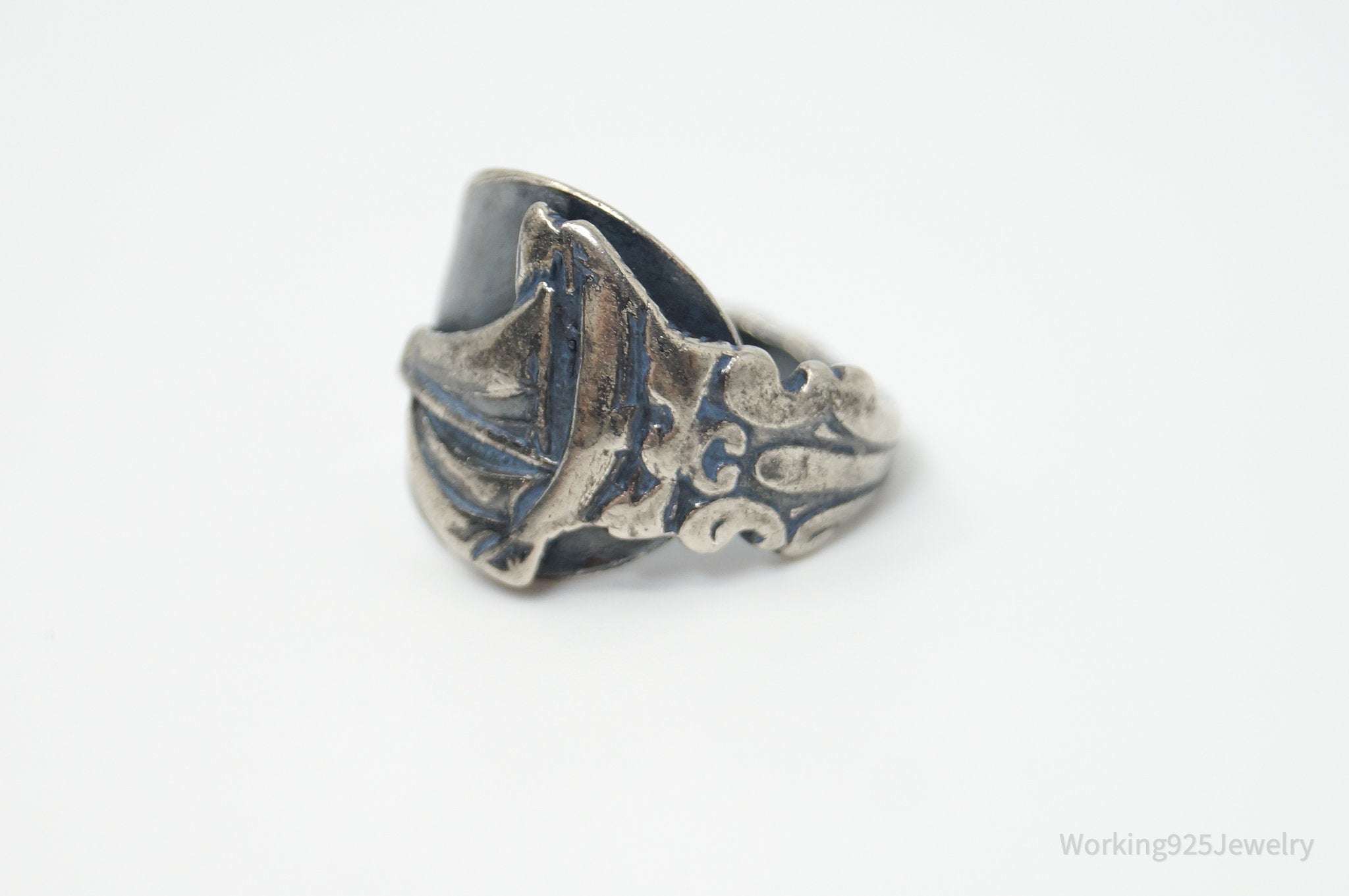 Antique Oxidized Sail Boat Look Sterling Silver Wrap Spoon Ring - Size 3.5