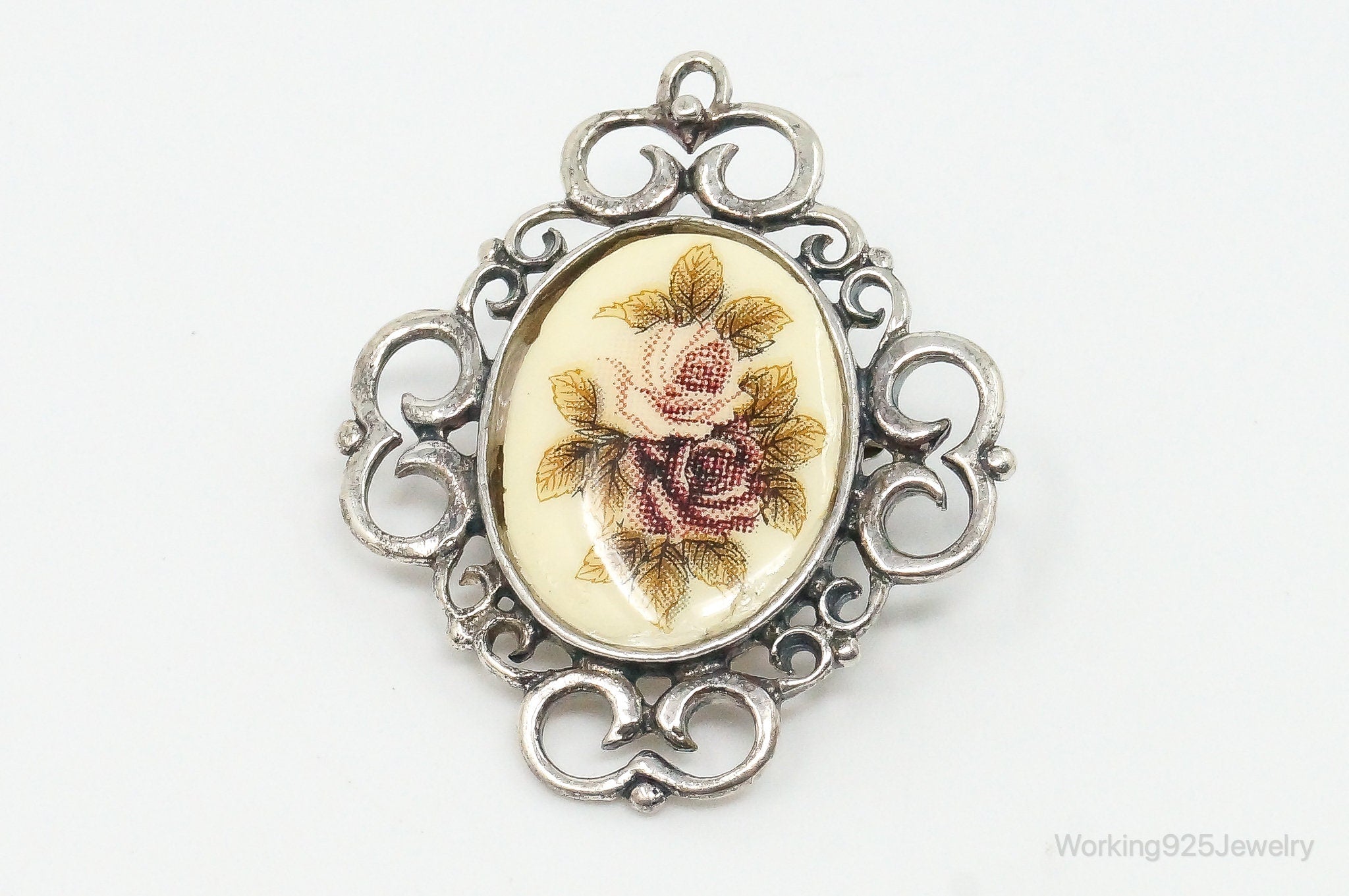 Vintage Designer Jez Flower Cross Stitch Look Picture Sterling Silver Pin Brooch