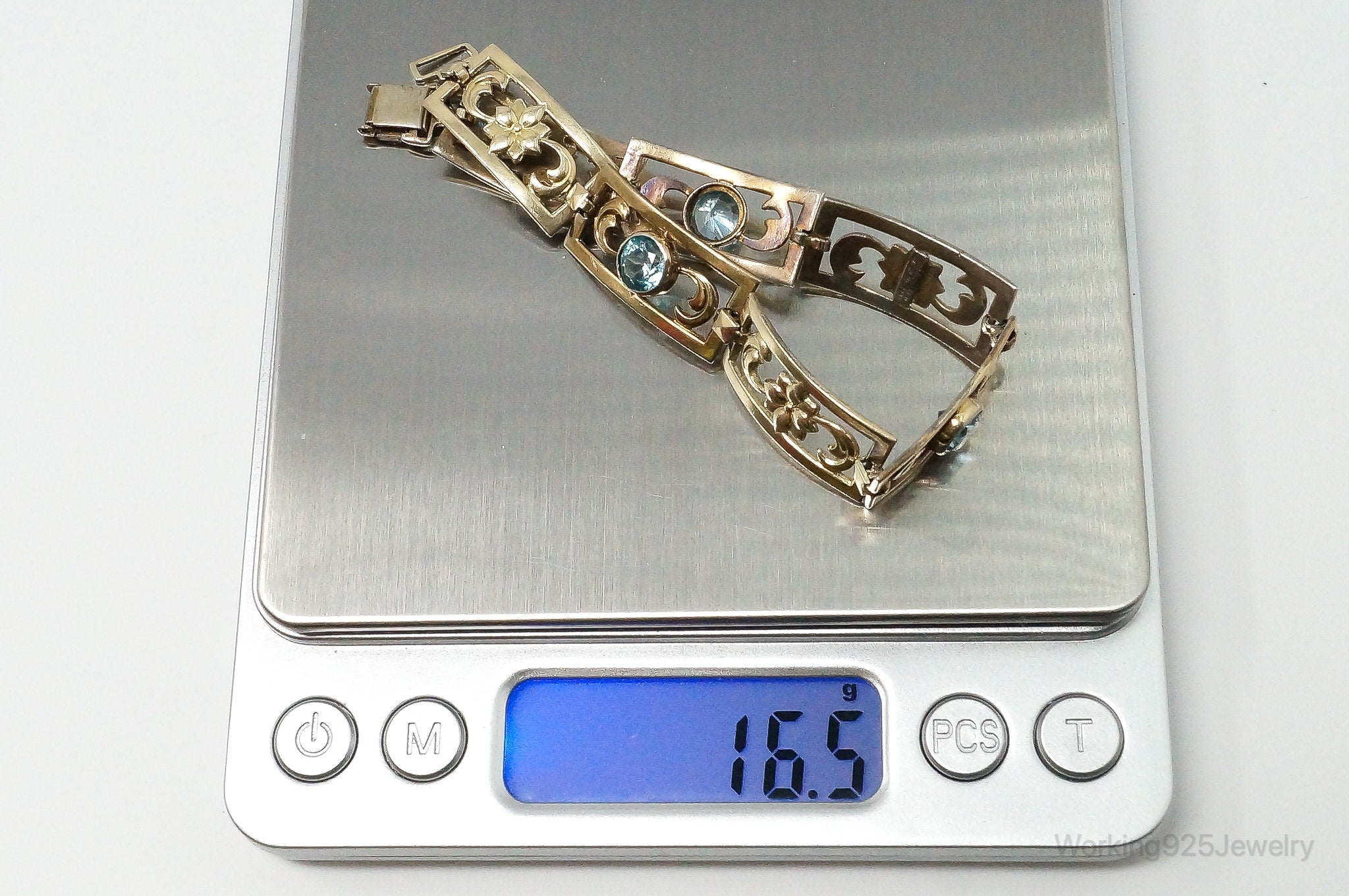 Vintage Designer Symmetalic 14K Gold Blue Topaz Art Deco SterlingSilver Bracelet