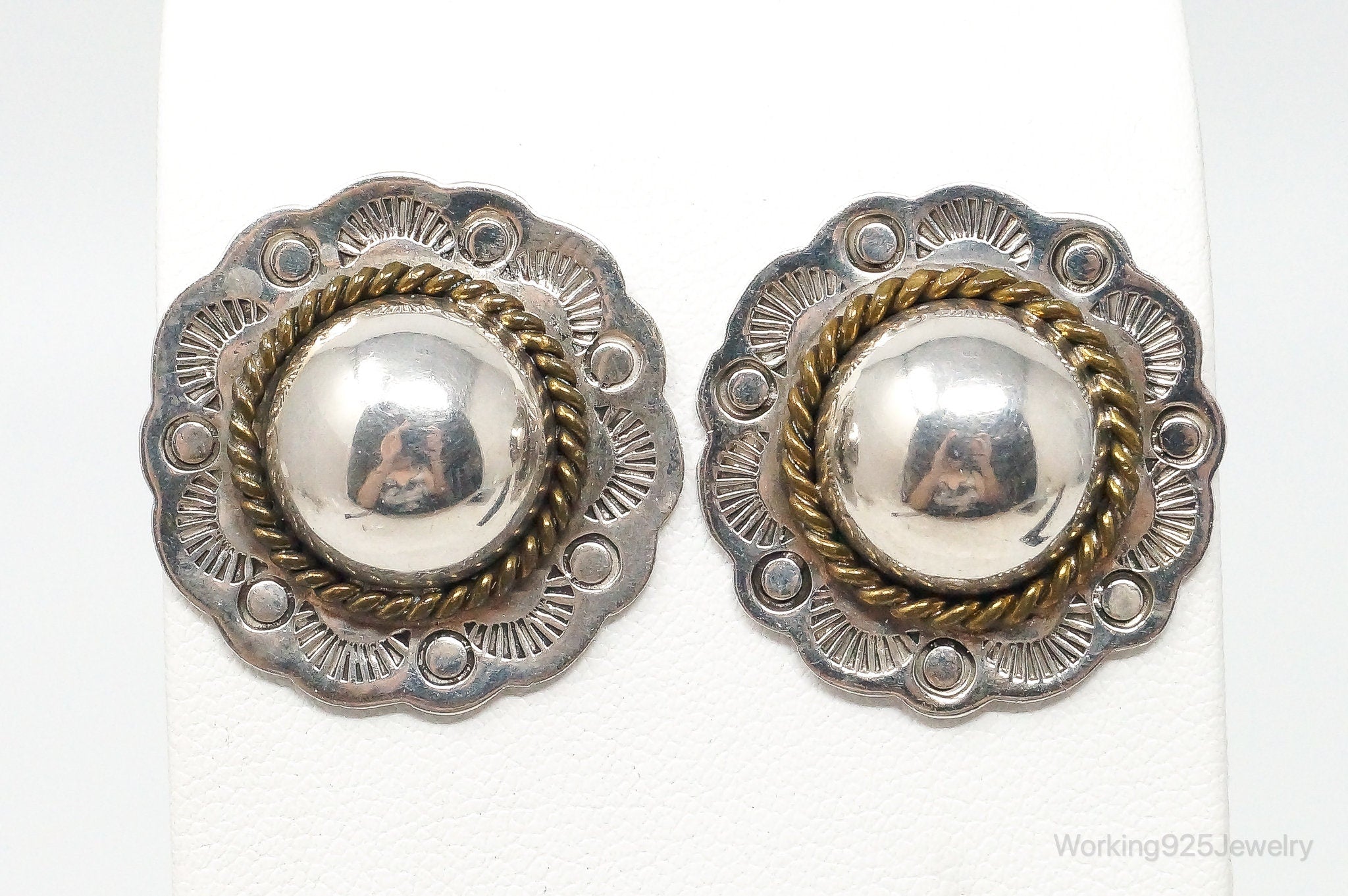 Vintage Handmade Mexico Sterling Silver Brass Stud Earrings