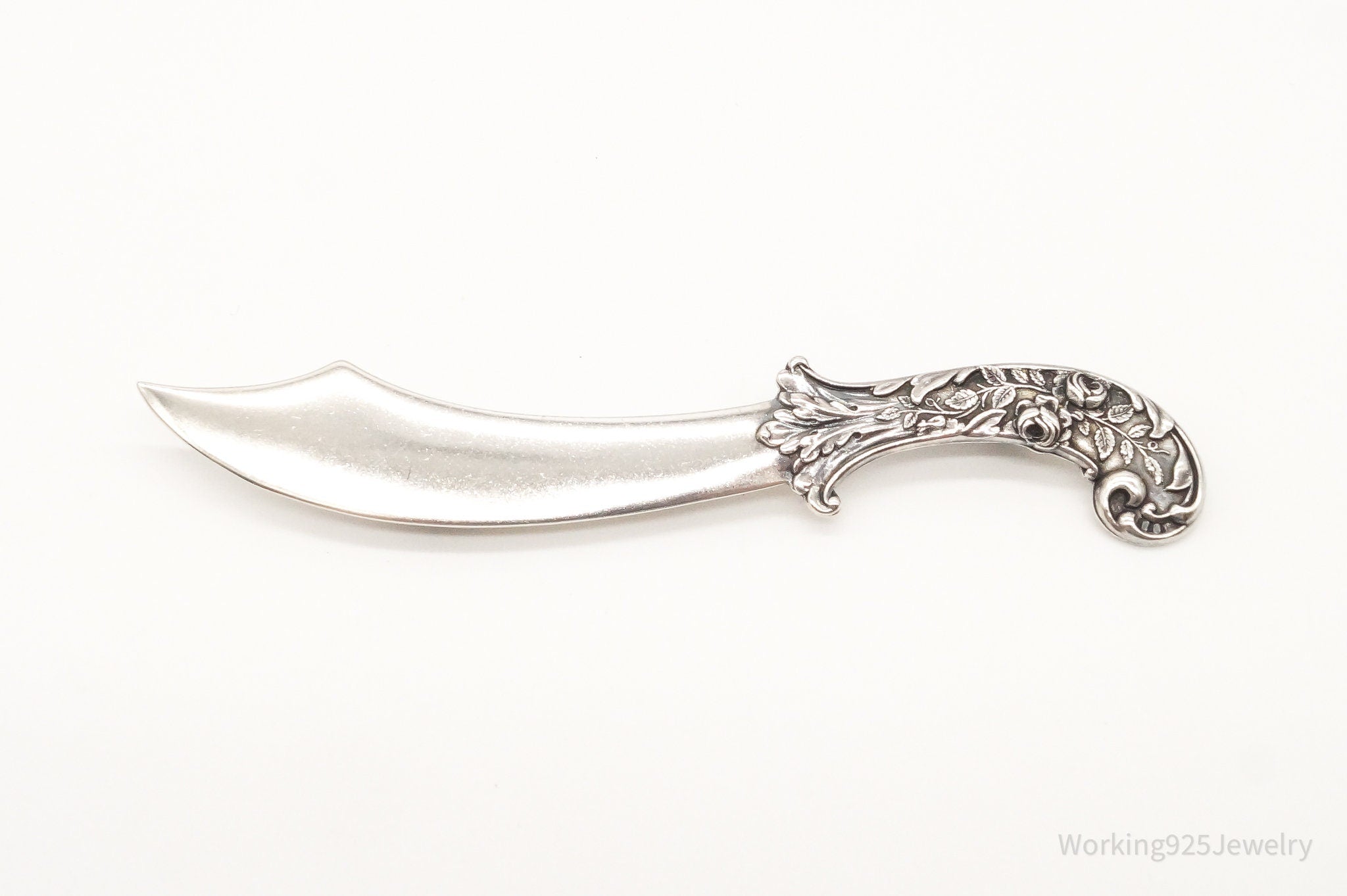 Large 1940s Victorian Revival Scimitar Sword Dagger Sterling Silver Pin Brooch