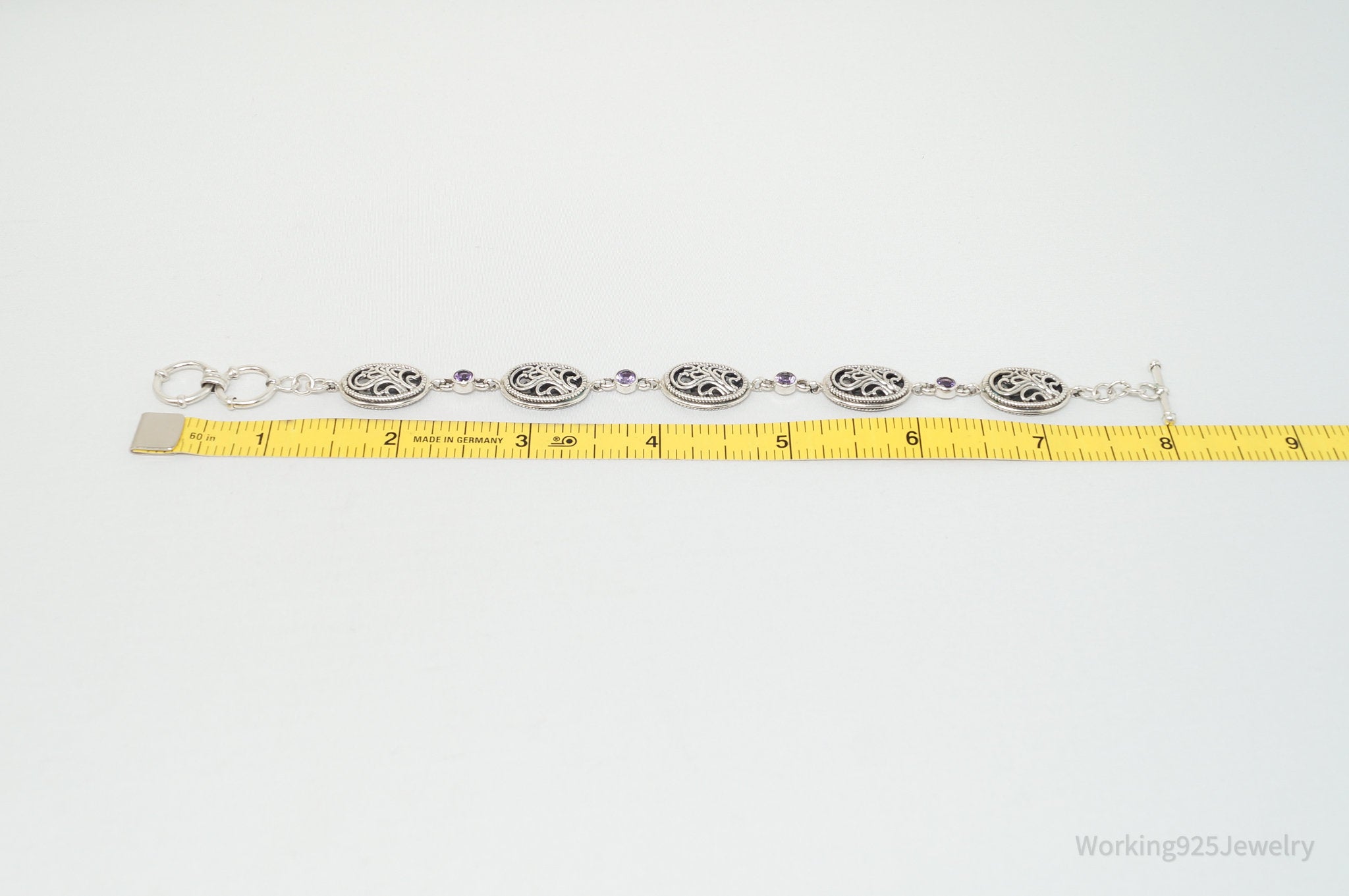 Vintage Amethyst Filigree Scroll Style Sterling Silver Bracelet