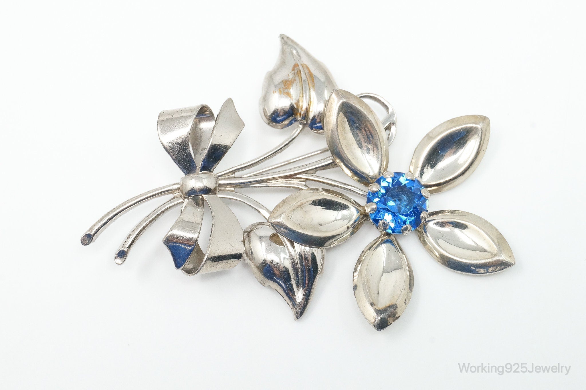 Antique Large Blue Art Glass Flower Sterling Silver Brooch Pin