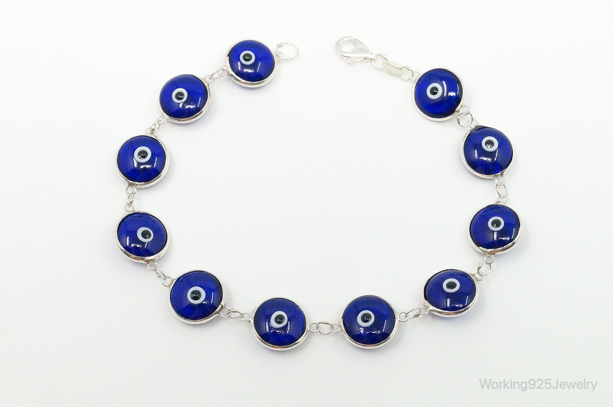 Vintage Blue Glass Eye Sterling Silver Link Bracelet