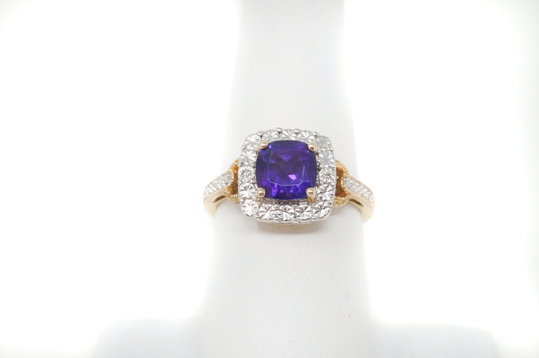 Vintage Amethyst Two Diamond Gold Vermeil Sterling Silver Ring - Sz 7