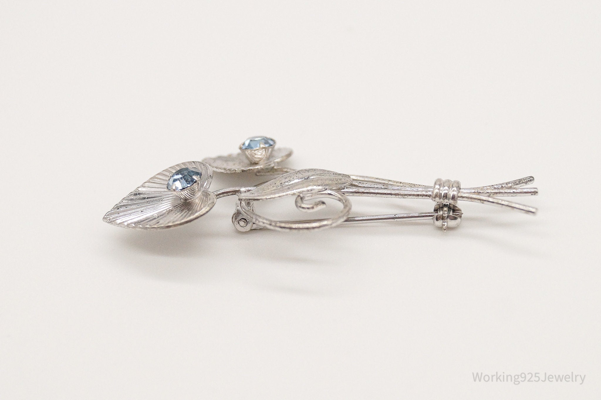 Vintage Designer VAN DELL Blue Rhinestones Sterling Silver Brooch Pin