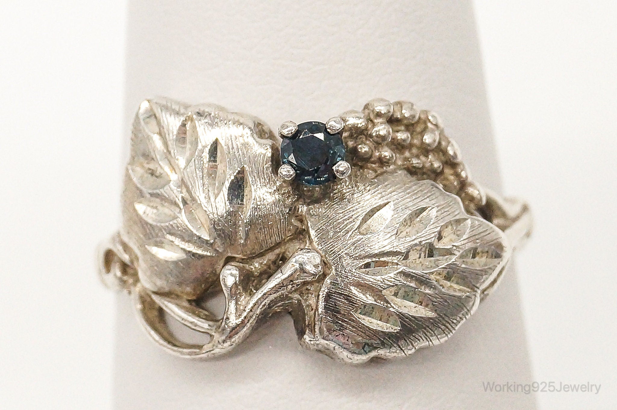 Vintage Blue Topaz Vine & Leaves Sterling Silver Ring - Size 7