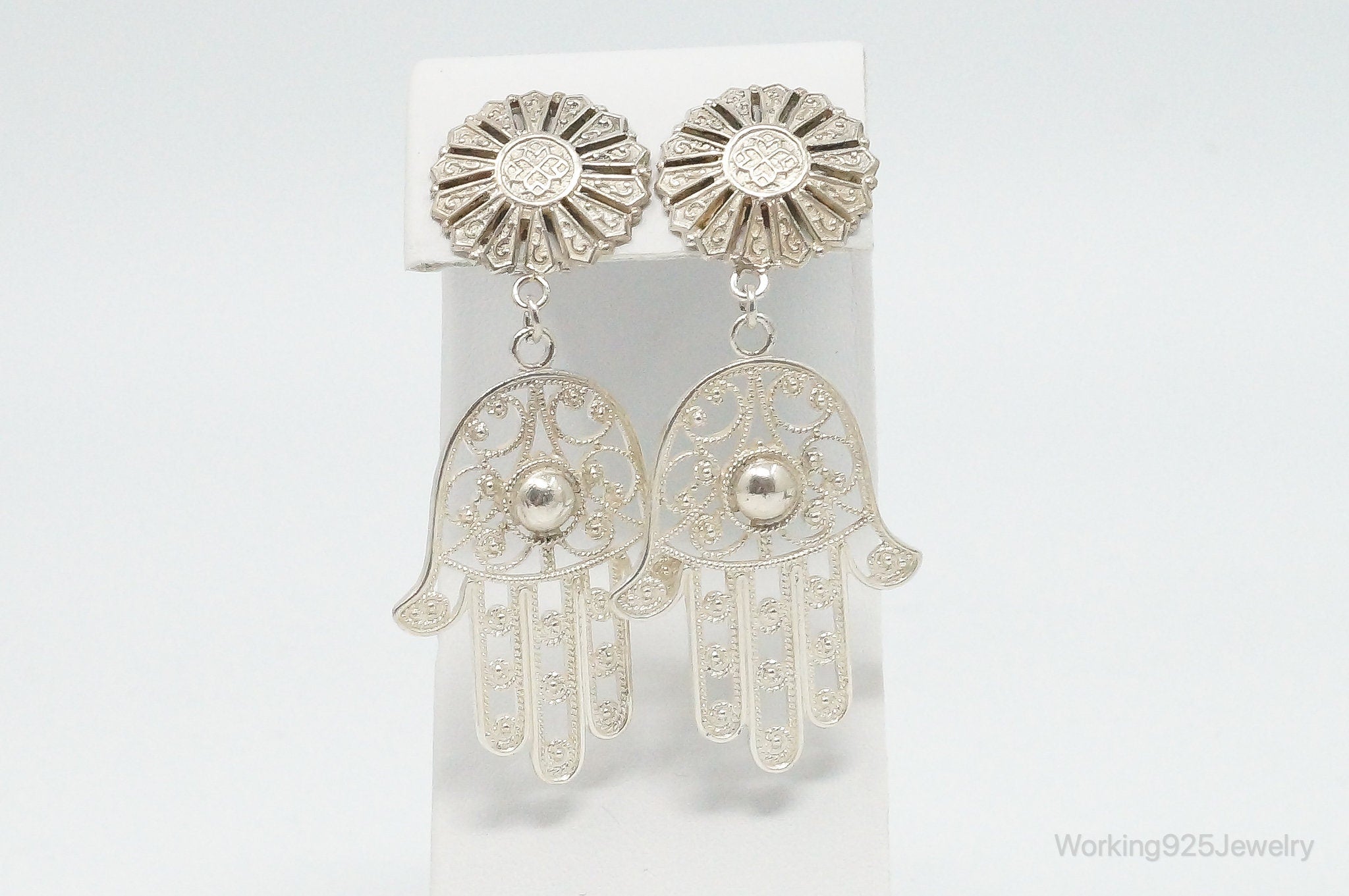 Large Vintage Hamsa Hands Sterling Silver Earrings