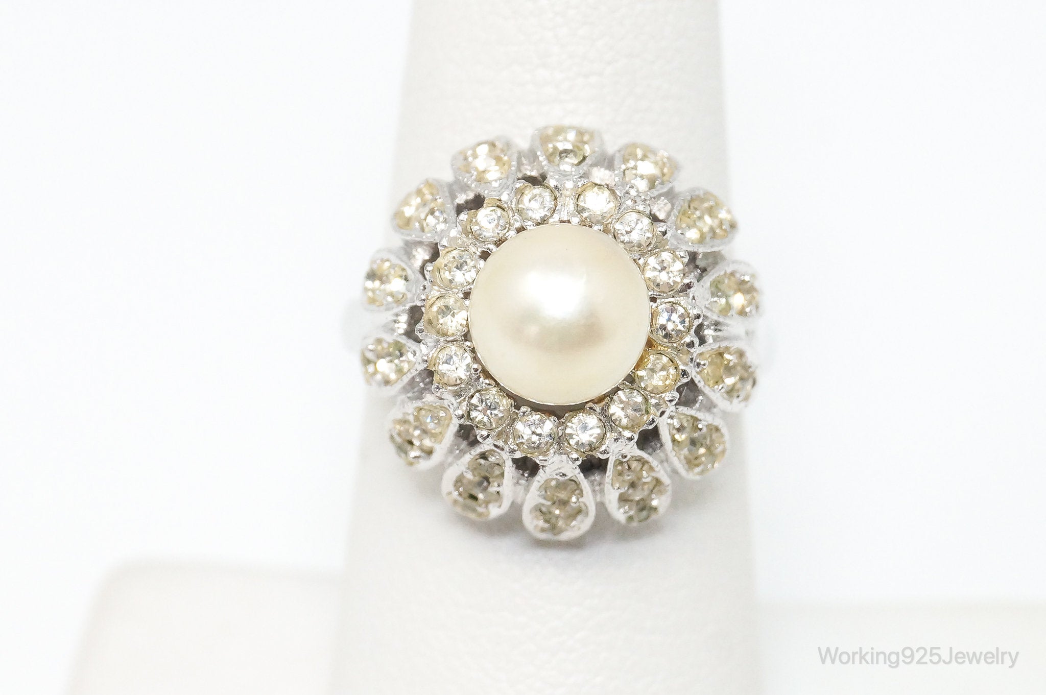 Vintage Designer ESPO Faux Pearl Rhinestone Sterling Silver Ring - SZ 6.75