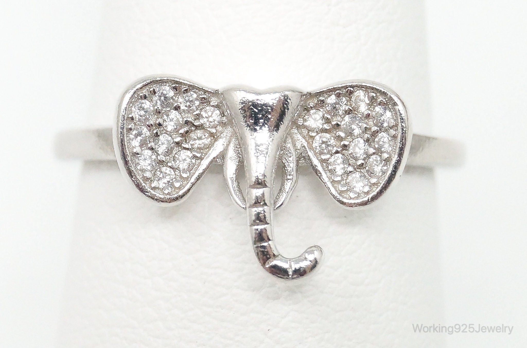 Vintage Elephant Head Cubic Zirconia Sterling Silver Ring - Size 7