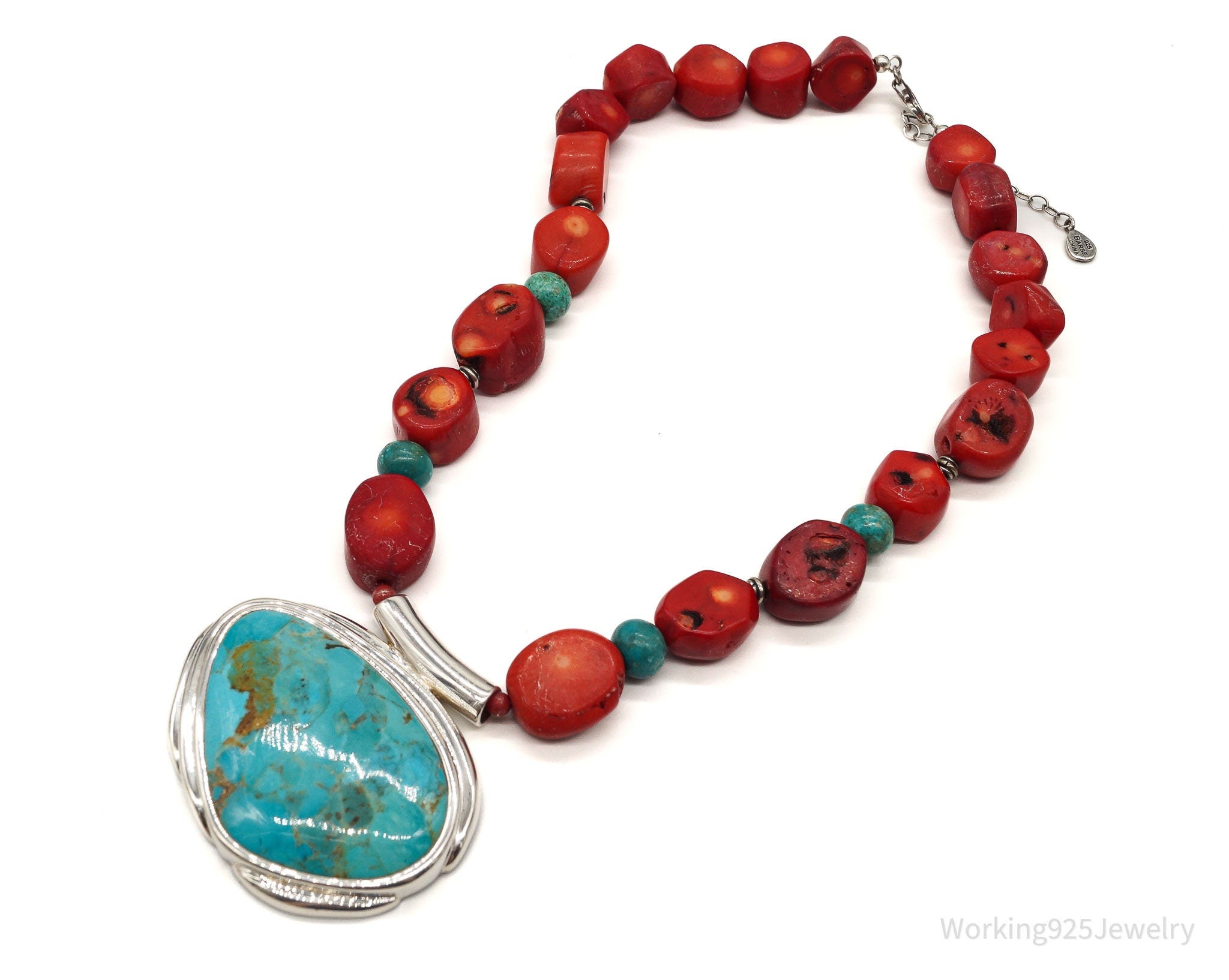 BARSE Sterling Silver Rope Edged Turquoise Coral Pendant outlets With Silk Necklace