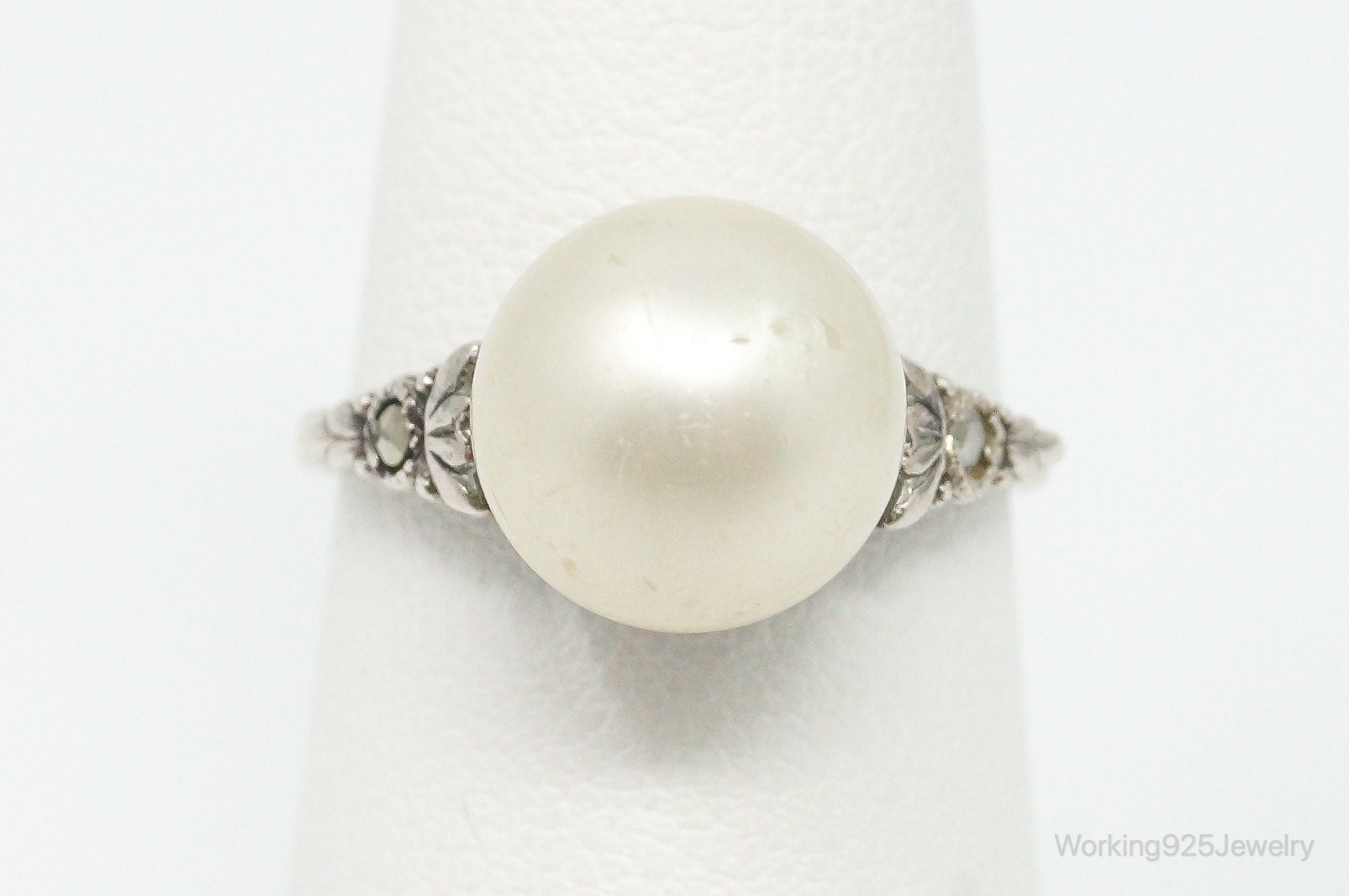 Antique Victorian Faux Pearl Marcasite CZ Sterling Silver Ring - Size 6.5