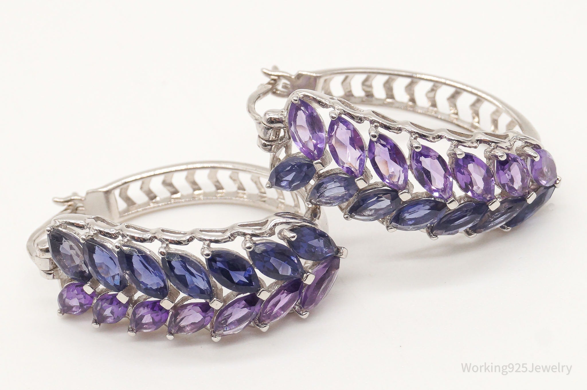 Vintage Amethyst Iolite Sterling Silver Hoop Earrings