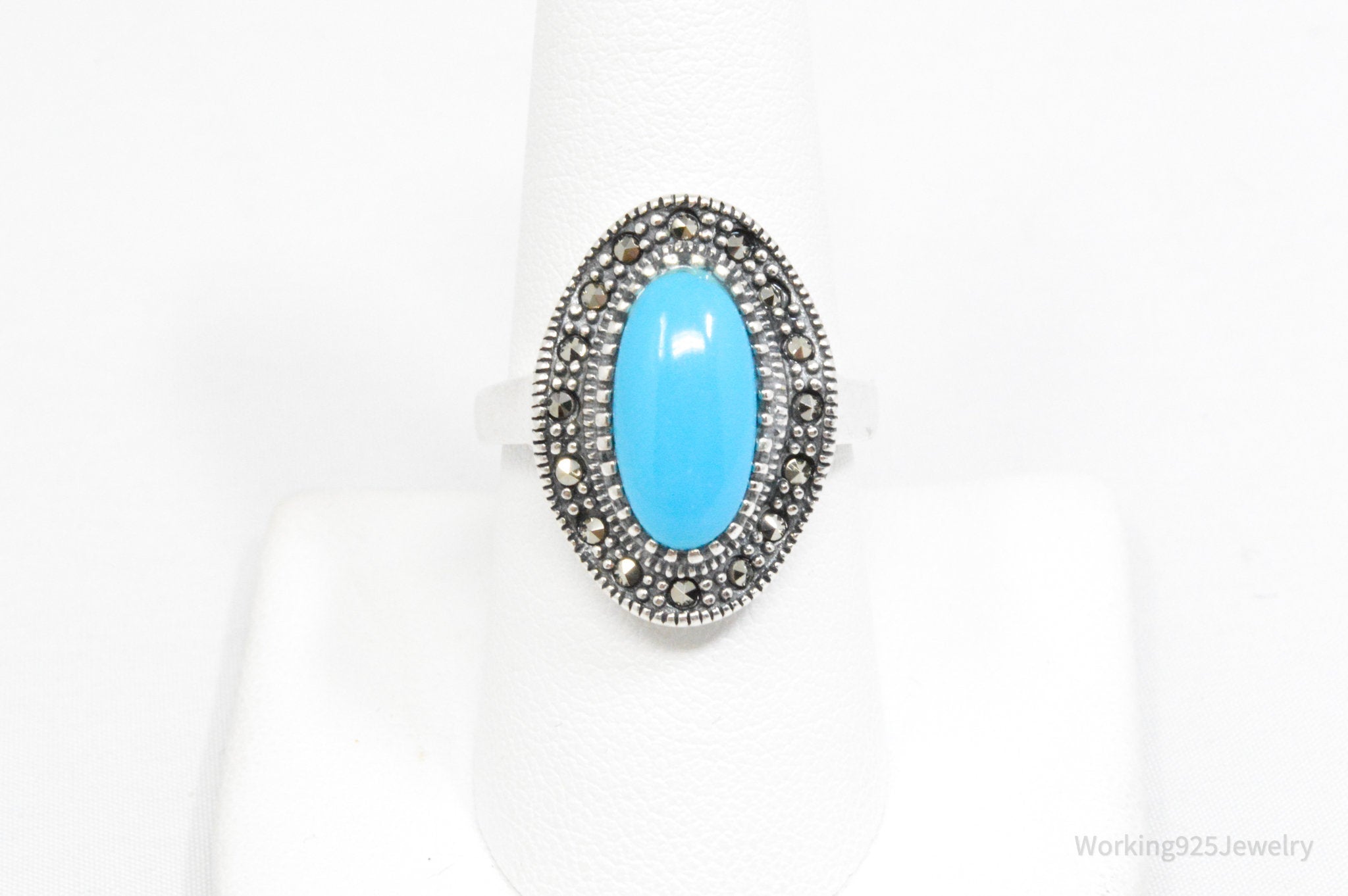 Vintage Art Deco Large Turquoise Marcasite Sterling Silver Ring - Sz 8.5