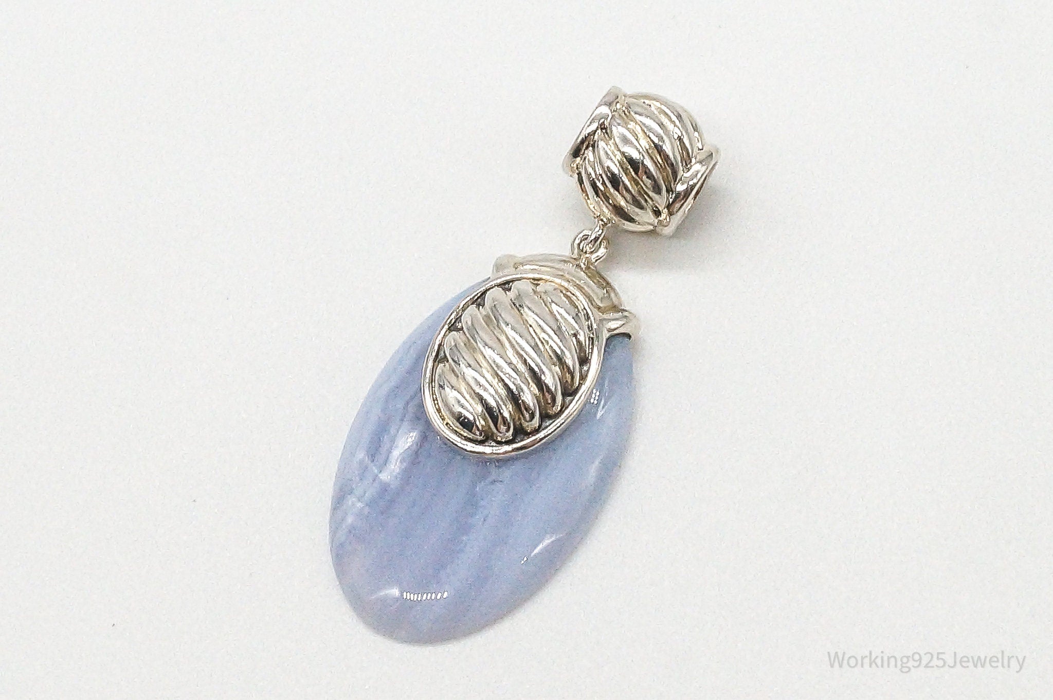 Large Vintage Blue Lace Agate Sterling Silver Pendant