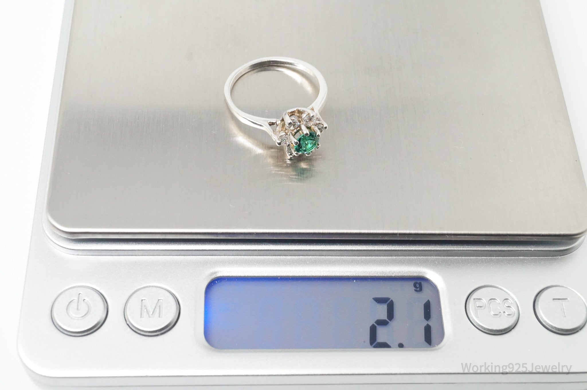 Vintage Lab Green Emerald CZ Flower Sterling Silver Ring - Sz 6.75