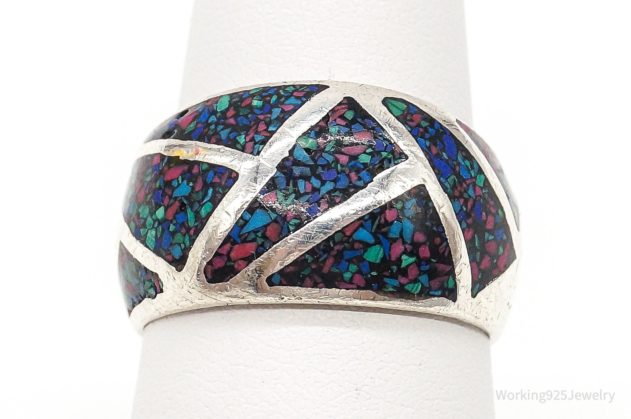 Vintage Crushed Multi Gem Chips Sterling Silver Ring Size 6.75