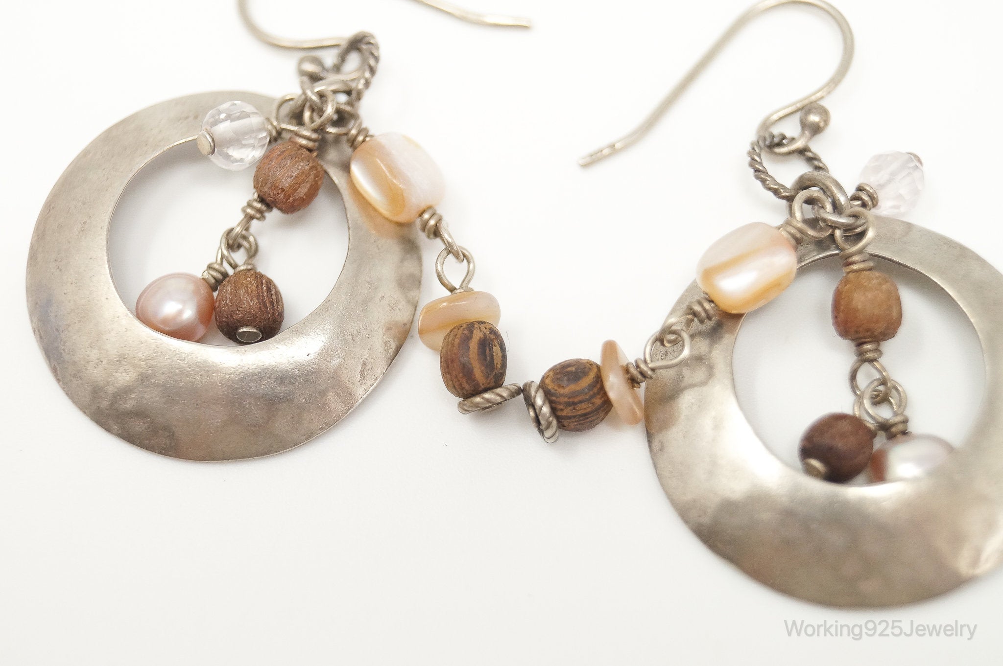 Designer Silpada Wood Quartz Pearl Hammered Sterling Silver Earrings