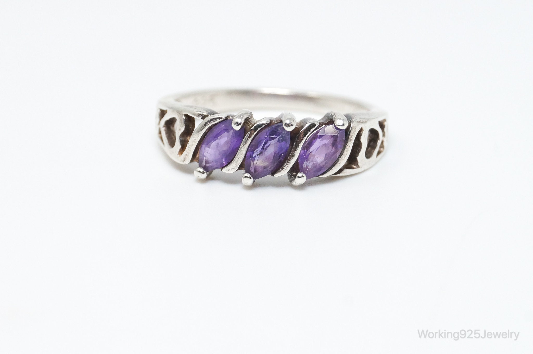 Vintage Amethyst Heart Cut Outs Sterling Silver Ring - Size 6.75