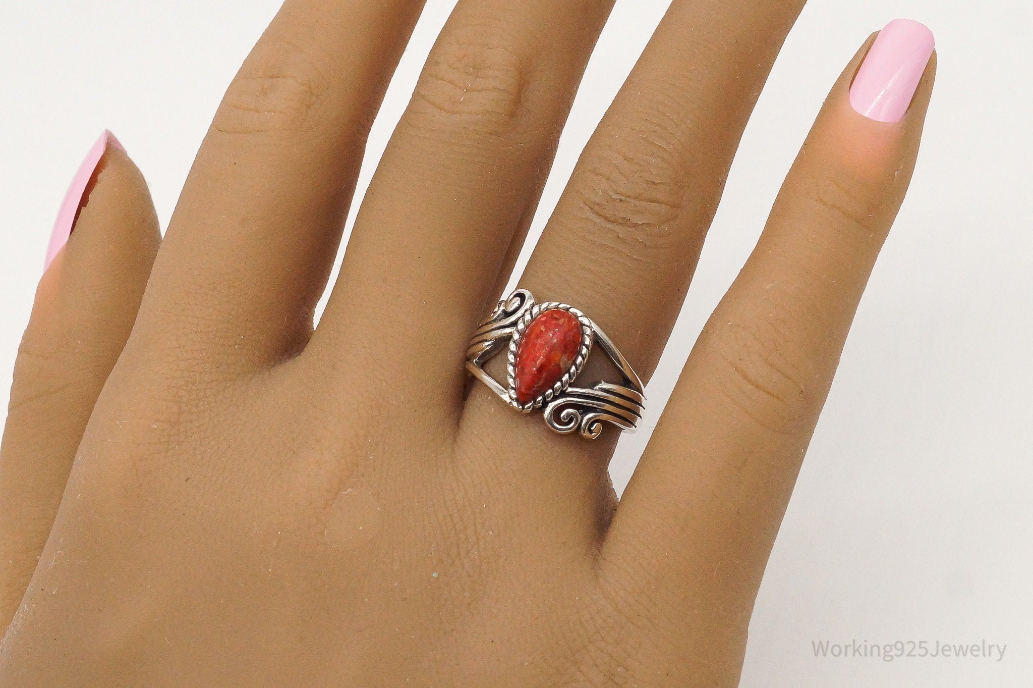 Designer BBJ Red Coral Sterling Silver Ring - Size 6.75