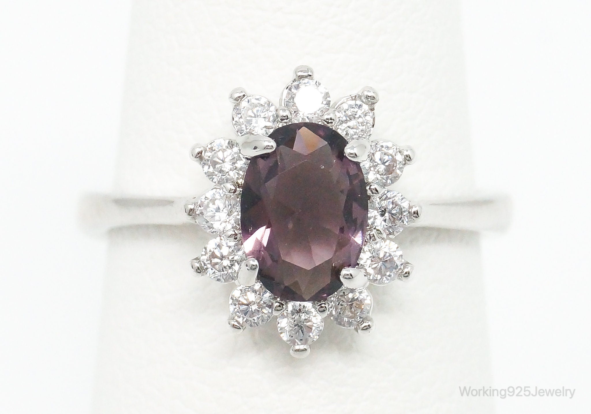 Vintage Amethyst Cubic Zirconia Rhodium Plated Ring - SZ 5.25 Adjustable