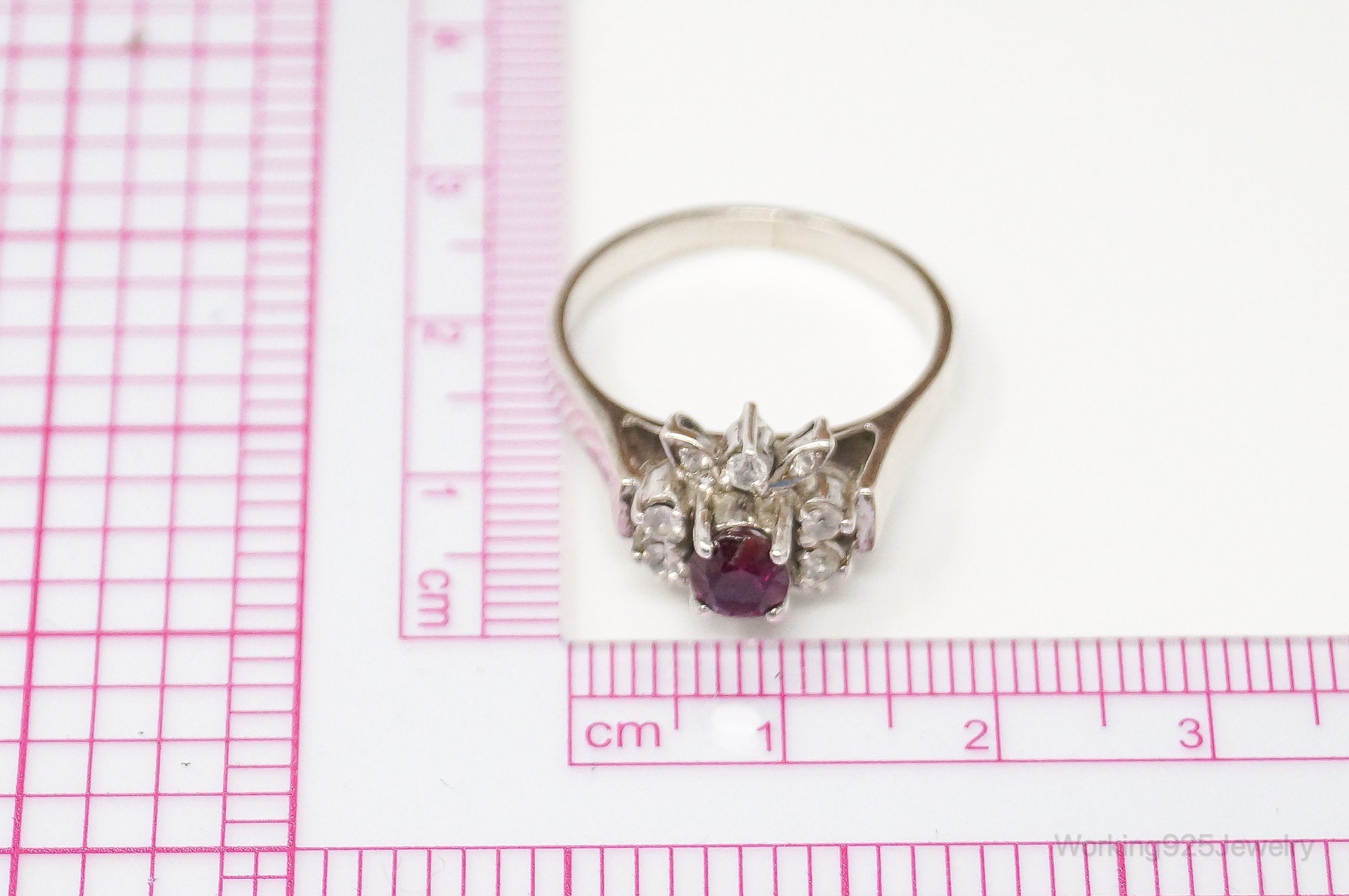 Vintage Art Deco Ruby Cubic Zirconia Sterling Silver Ring - Size 7.75