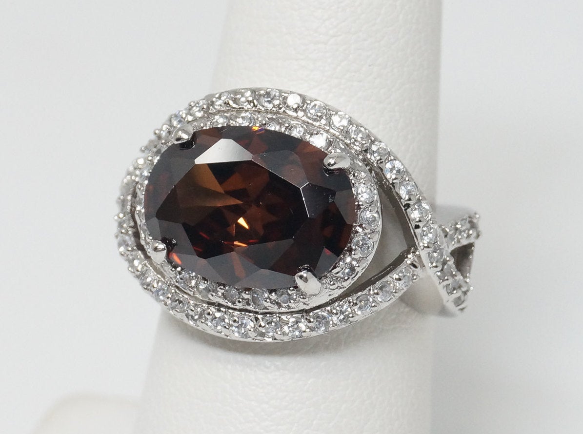 Vintage Designer Large Smoky Topaz CZ Sterling Silver Ring - Sz 7