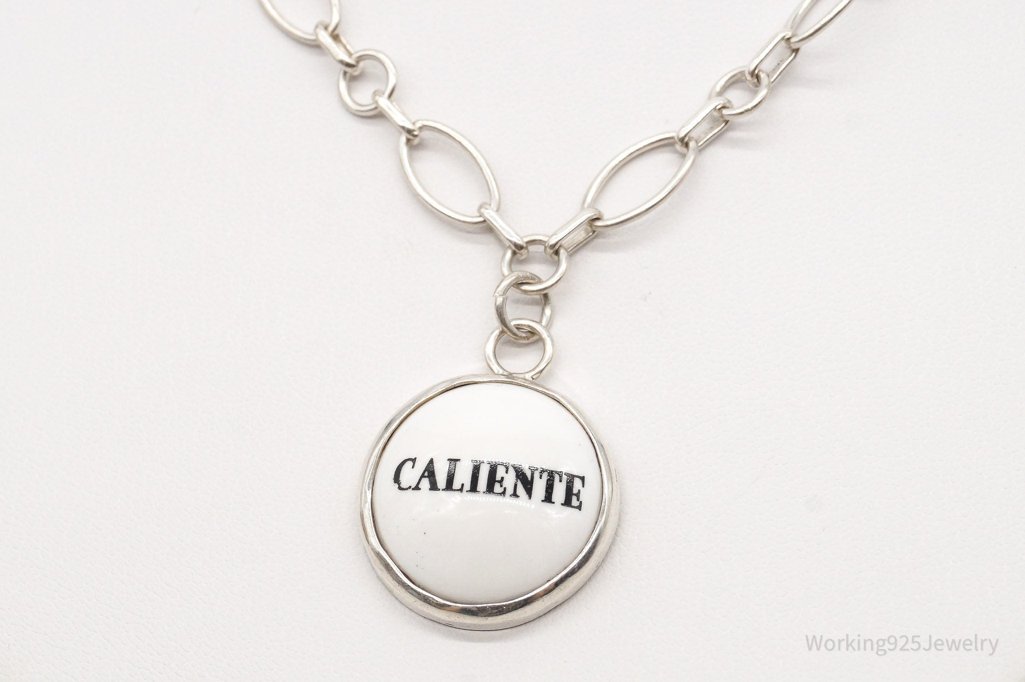 Vintage "Caliente" Porcelain Pendant Chainlink Sterling Silver Necklace