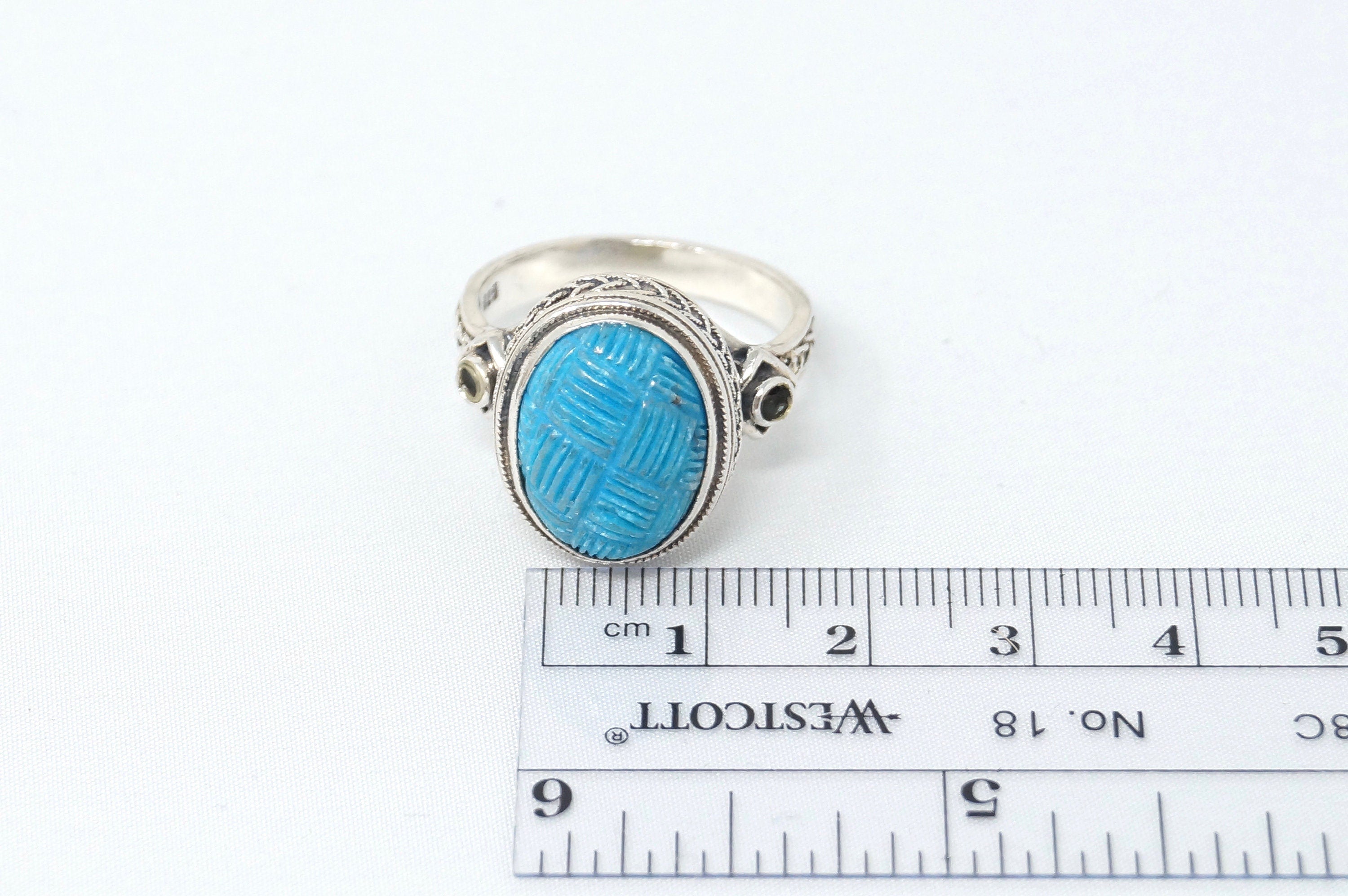 Vintage Designer Carved Turquoise Sterling Silver Ring - Size 10