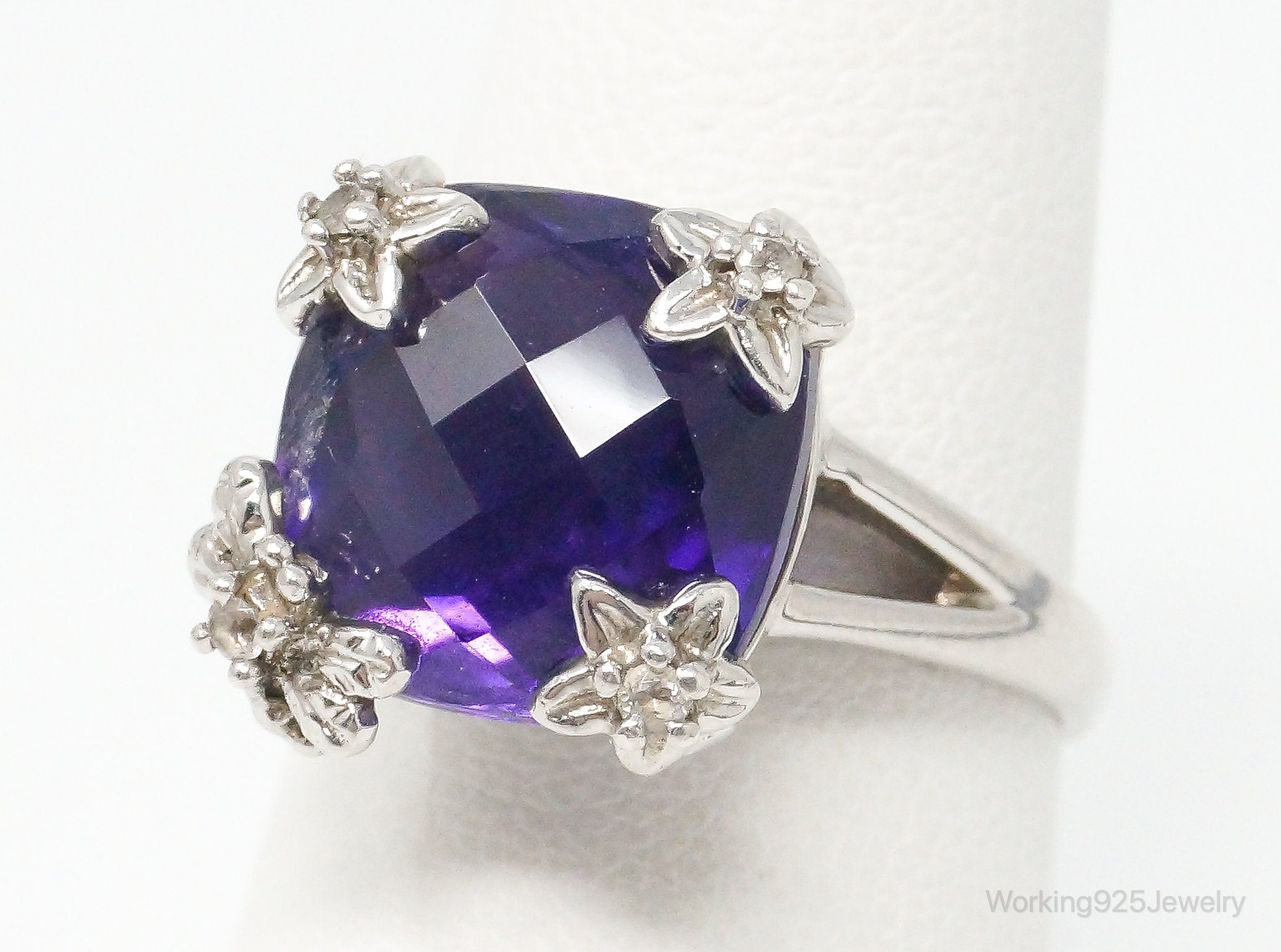 Vintage Large Amethyst Cubic Zirconia Sterling Silver Ring Size 7.25