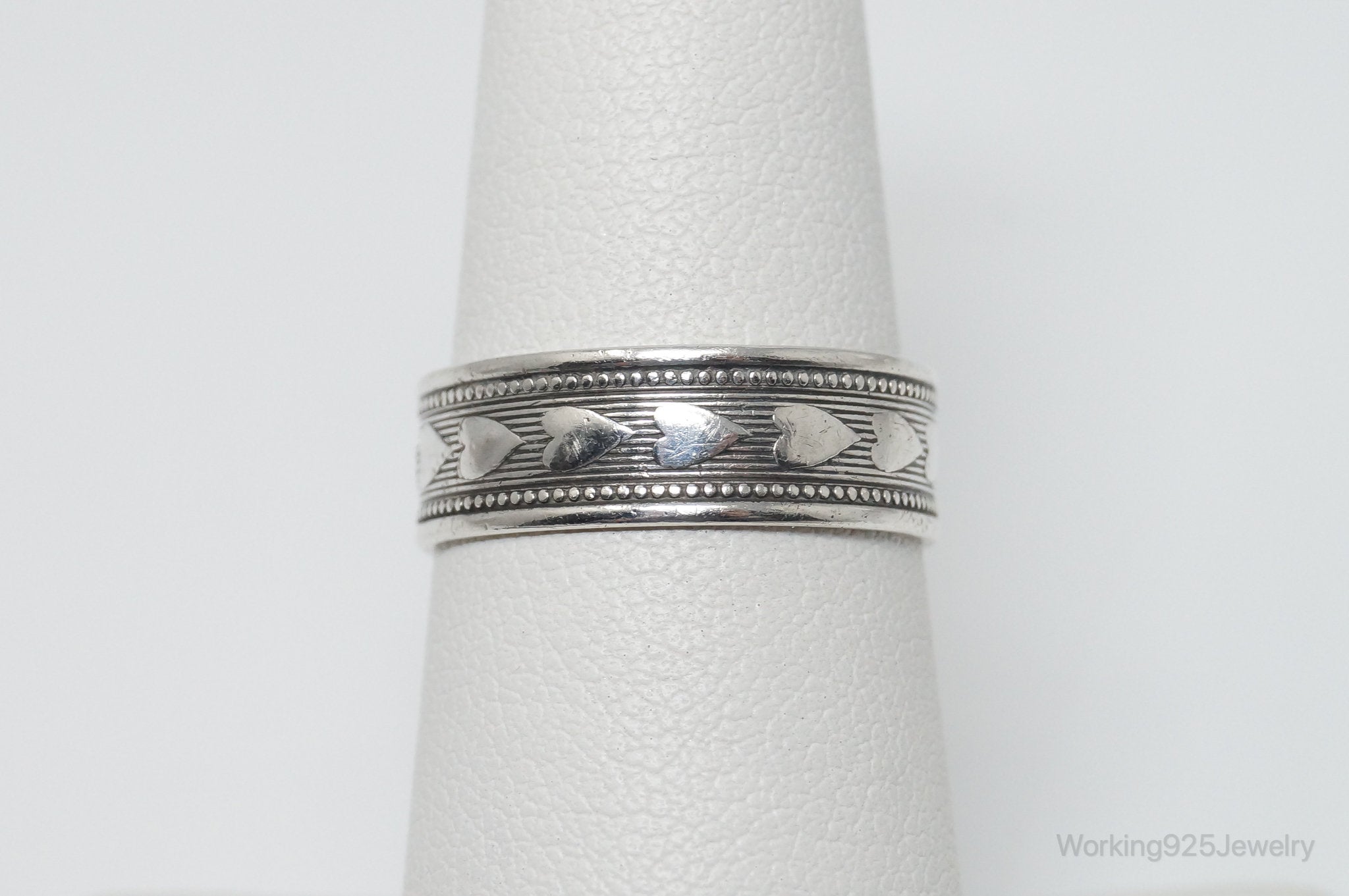 Antique Heart Pattern Sterling Silver Band Ring - Size 6.75