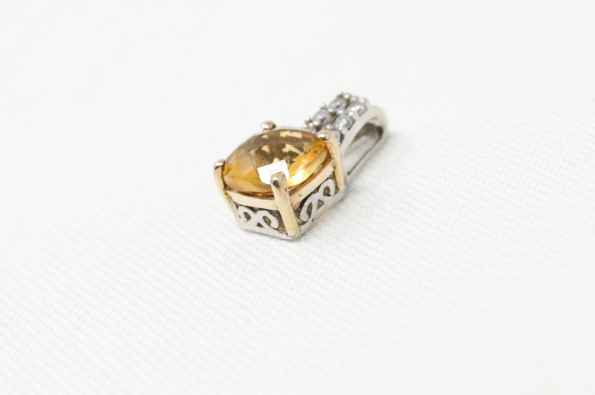 Vintage Art Deco 10K Yellow Gold Citrine CZ Sterling Silver Necklace Pendant