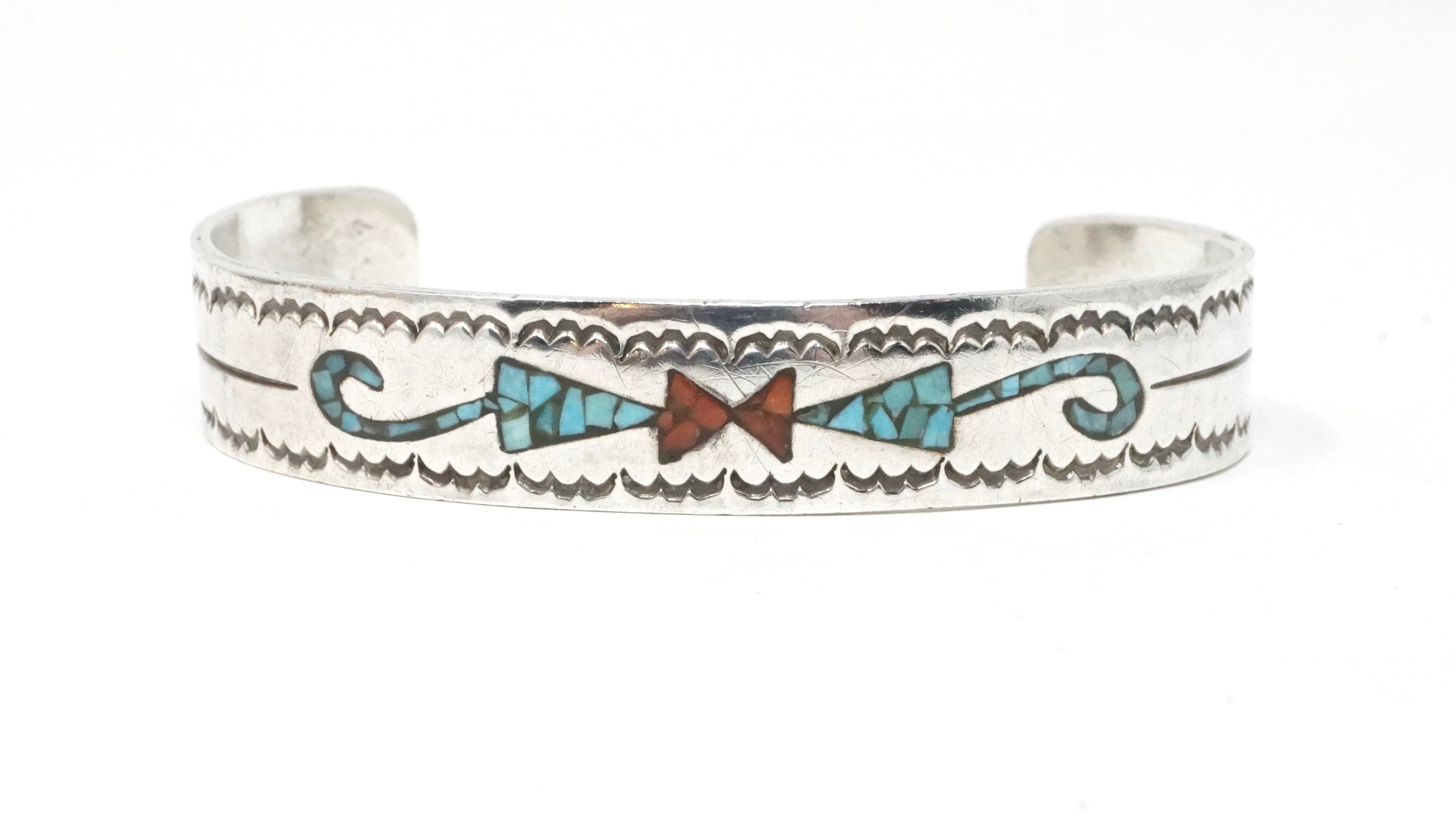 Native American Fred Thompson Turquoise Coral Sterling Silver Cuff Bracelet