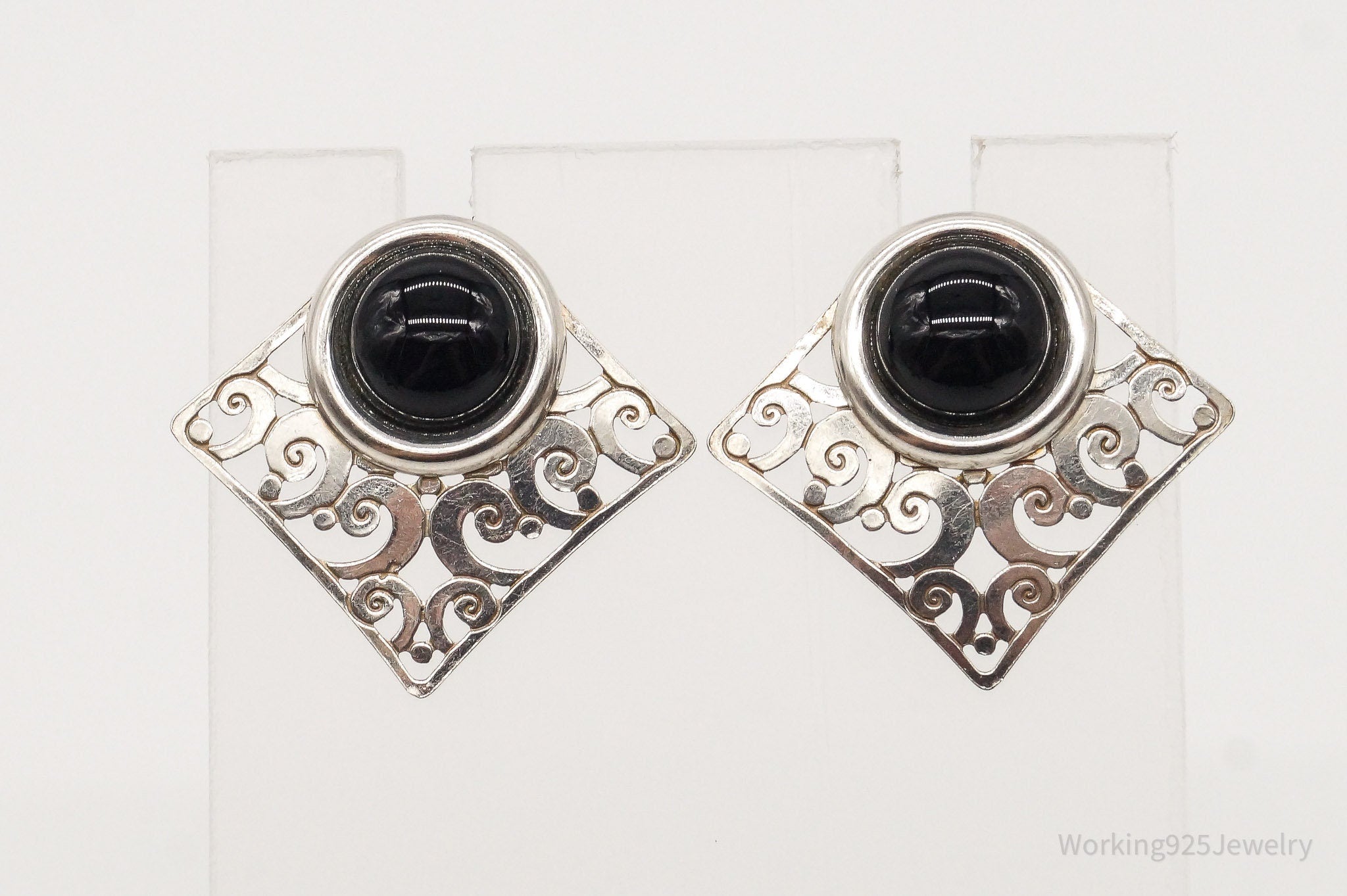 Vintage Black Onyx Filigree Sterling Silver Earrings