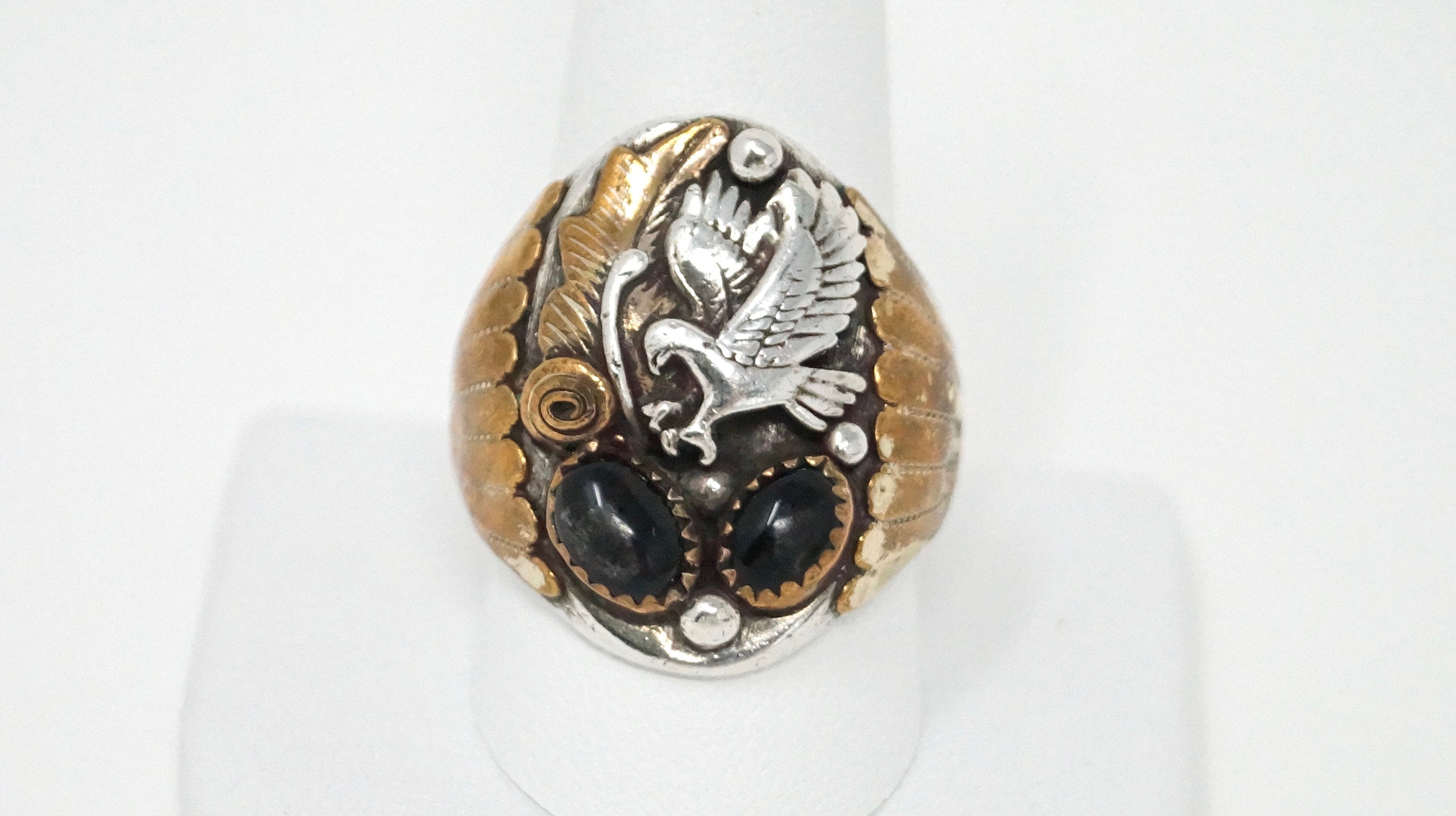 Native American Black Onyx Eagle Feather Brass Sterling Silver Ring Sz 10.75