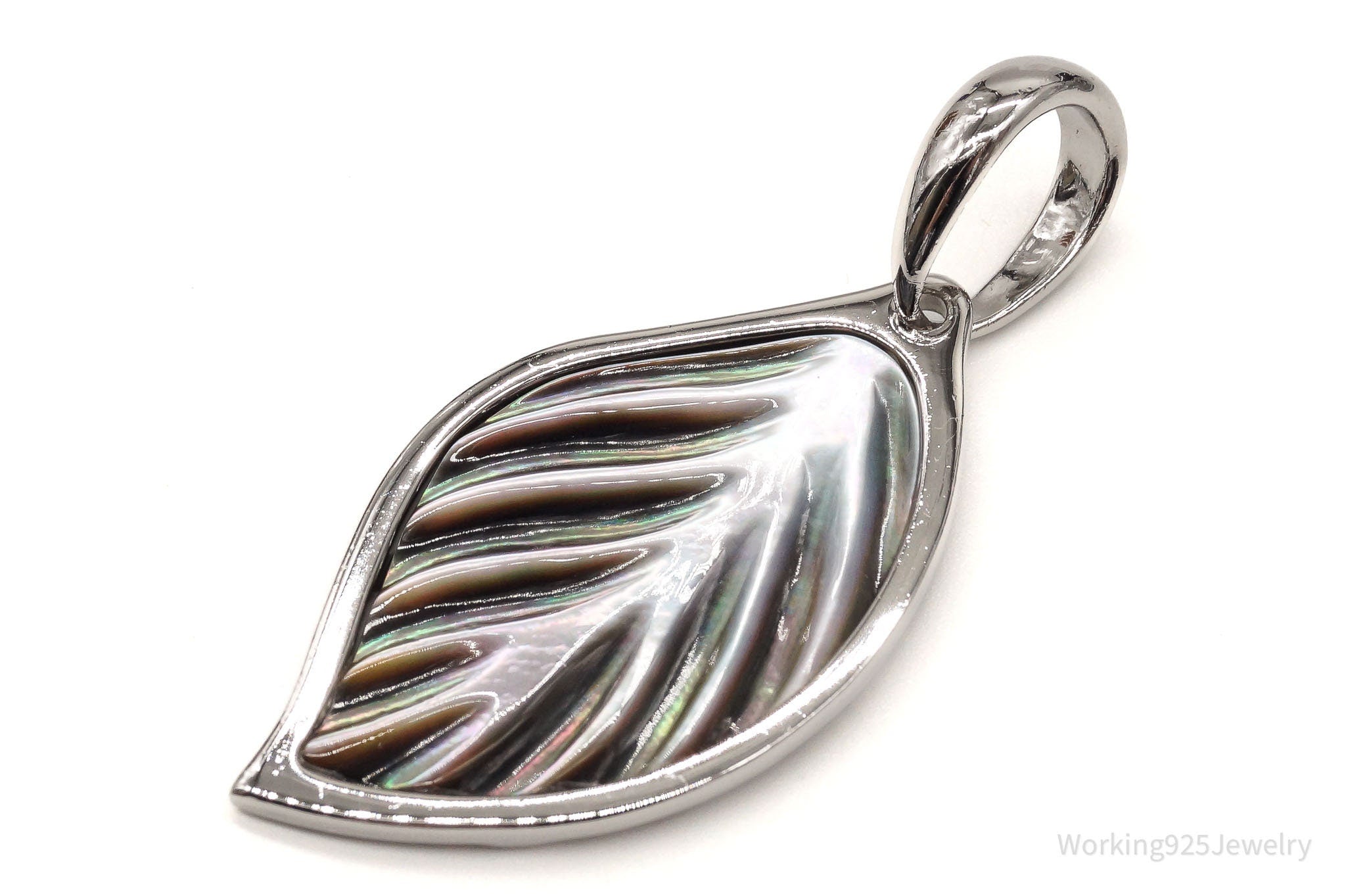 Large Vintage Carved Abalone Shell Sterling Silver Leaf Pendant