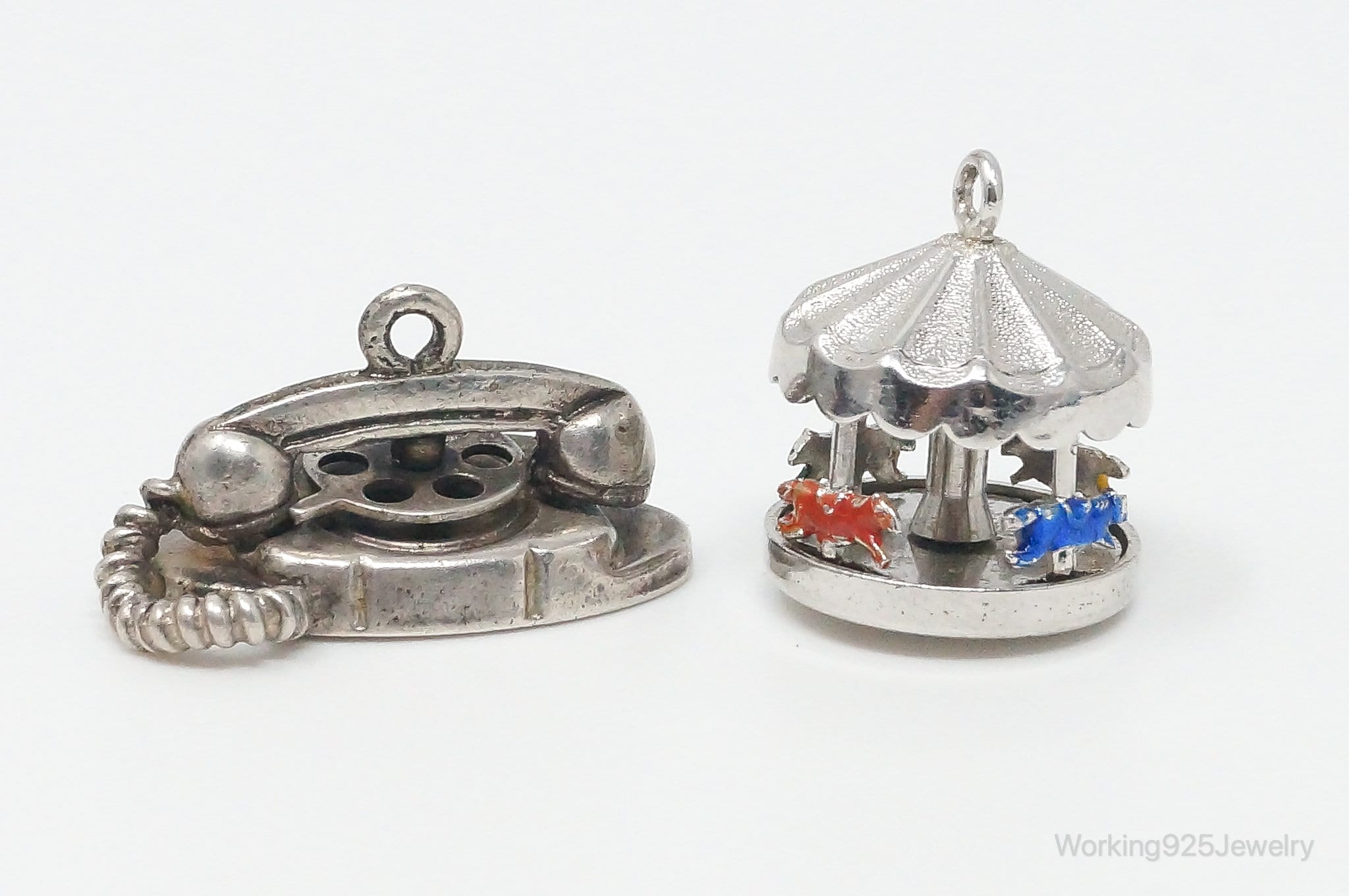 Vintage Antique Merry-Go-Round & Telephone Moving Enamel Sterling Silver Charms